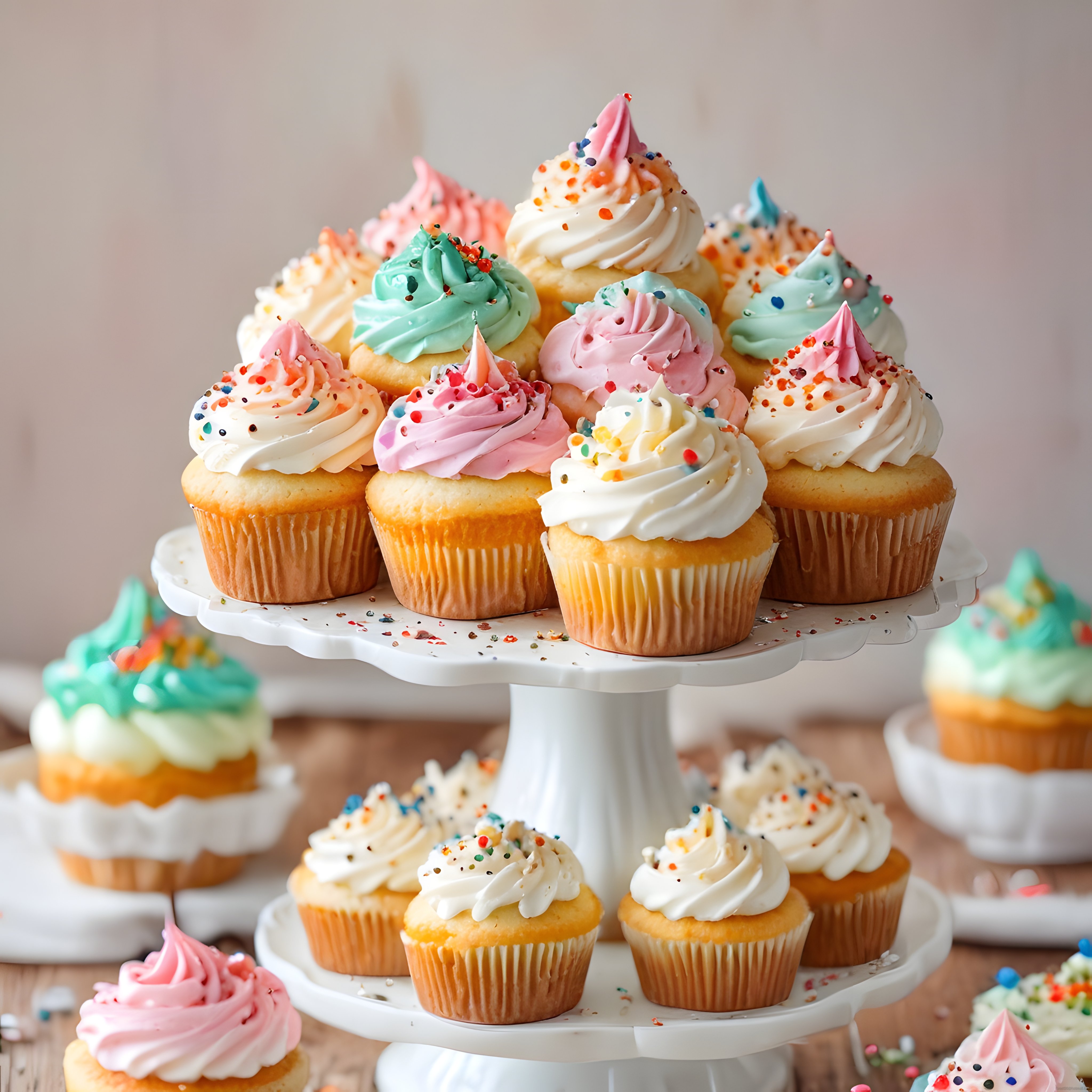 Renkli Kremalı Cupcake'lerle Dolu İki Katlı Şık Tatlı Standı ve Parti Masası