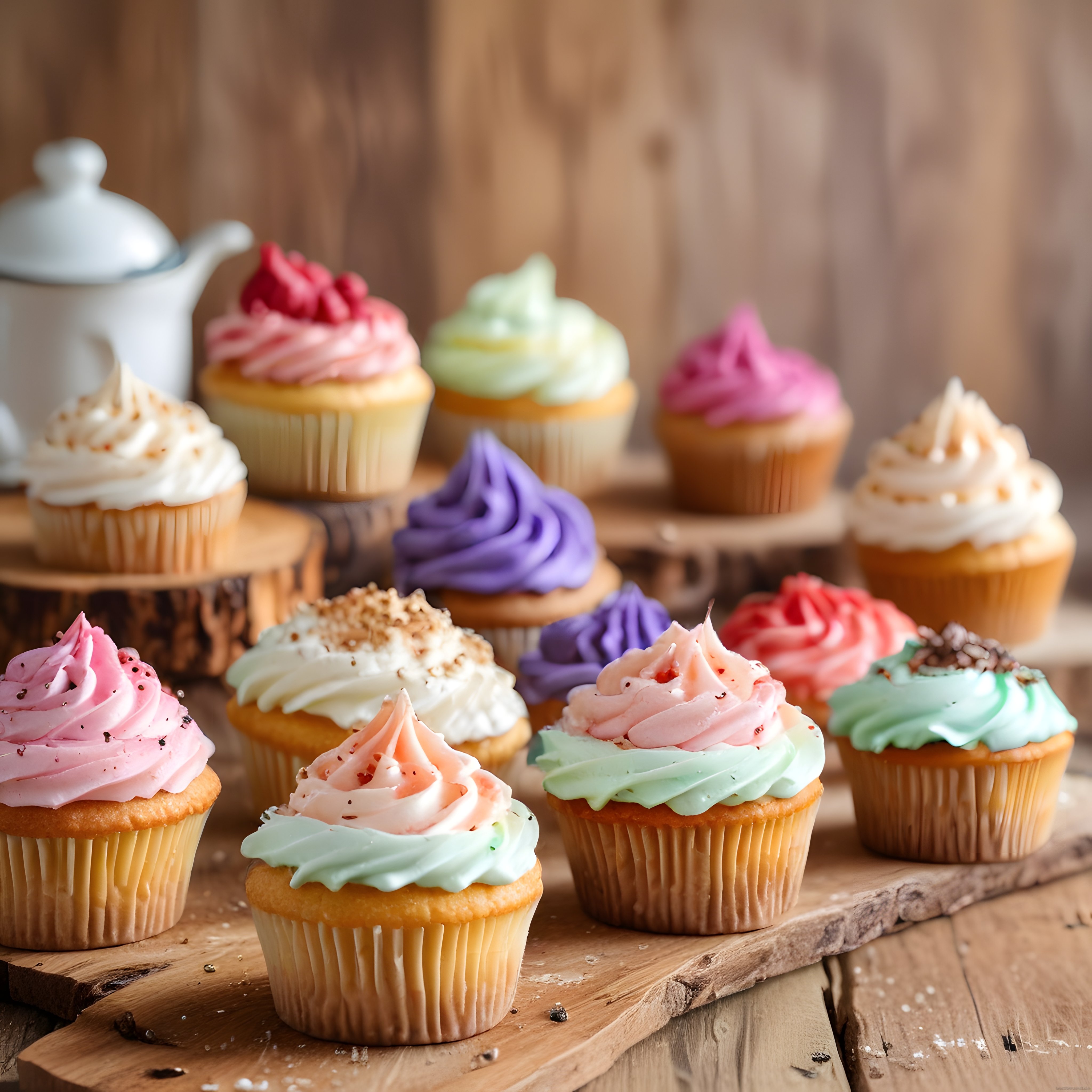 Renkli Kremalı Cupcake'lerle Şirin Bir Tatlı Sunumu ve Mutfak Atmosferi
