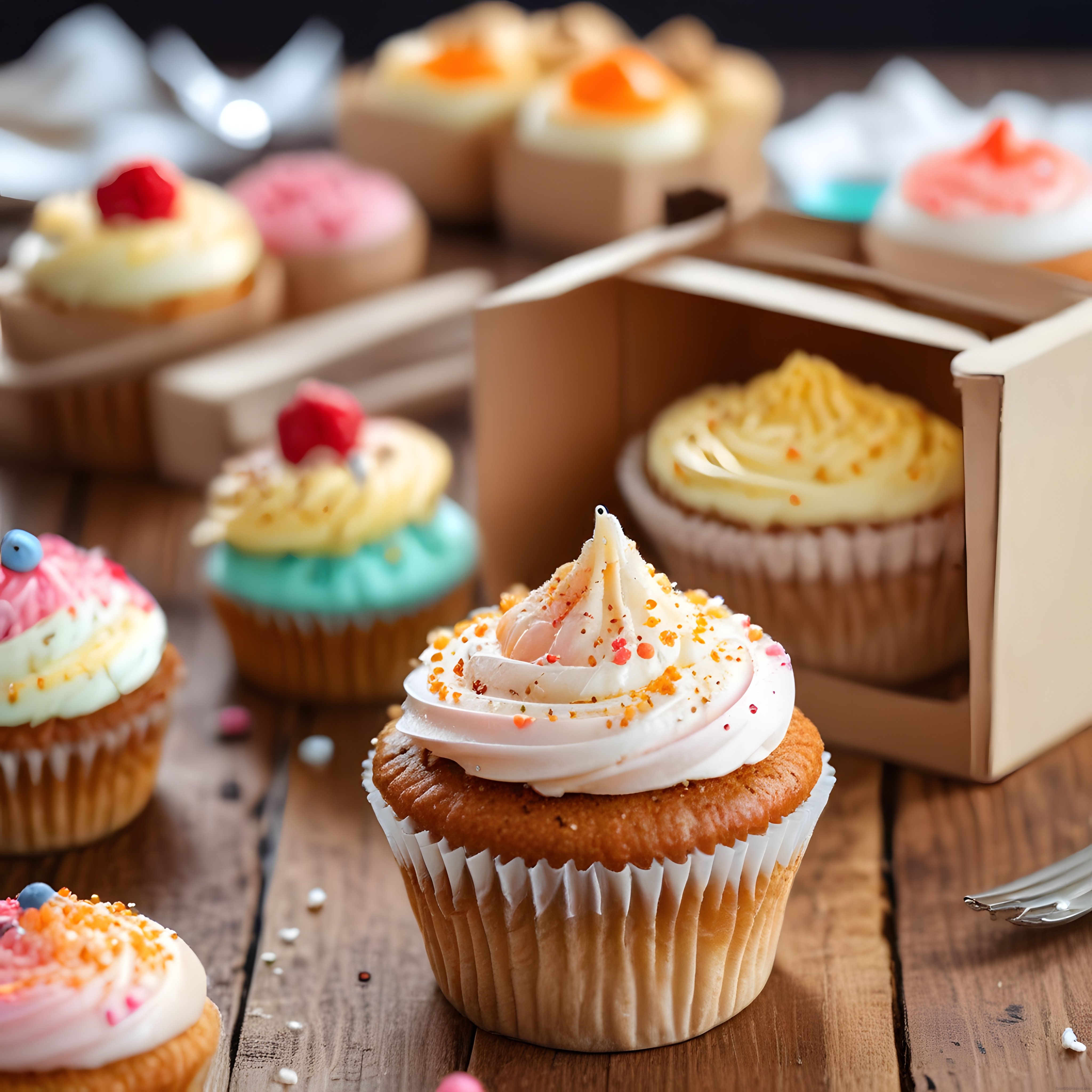 Renkli Kremalı Cupcakeler: Ahşap Masa Üzerinde Lezzetli Tatlı Sunum