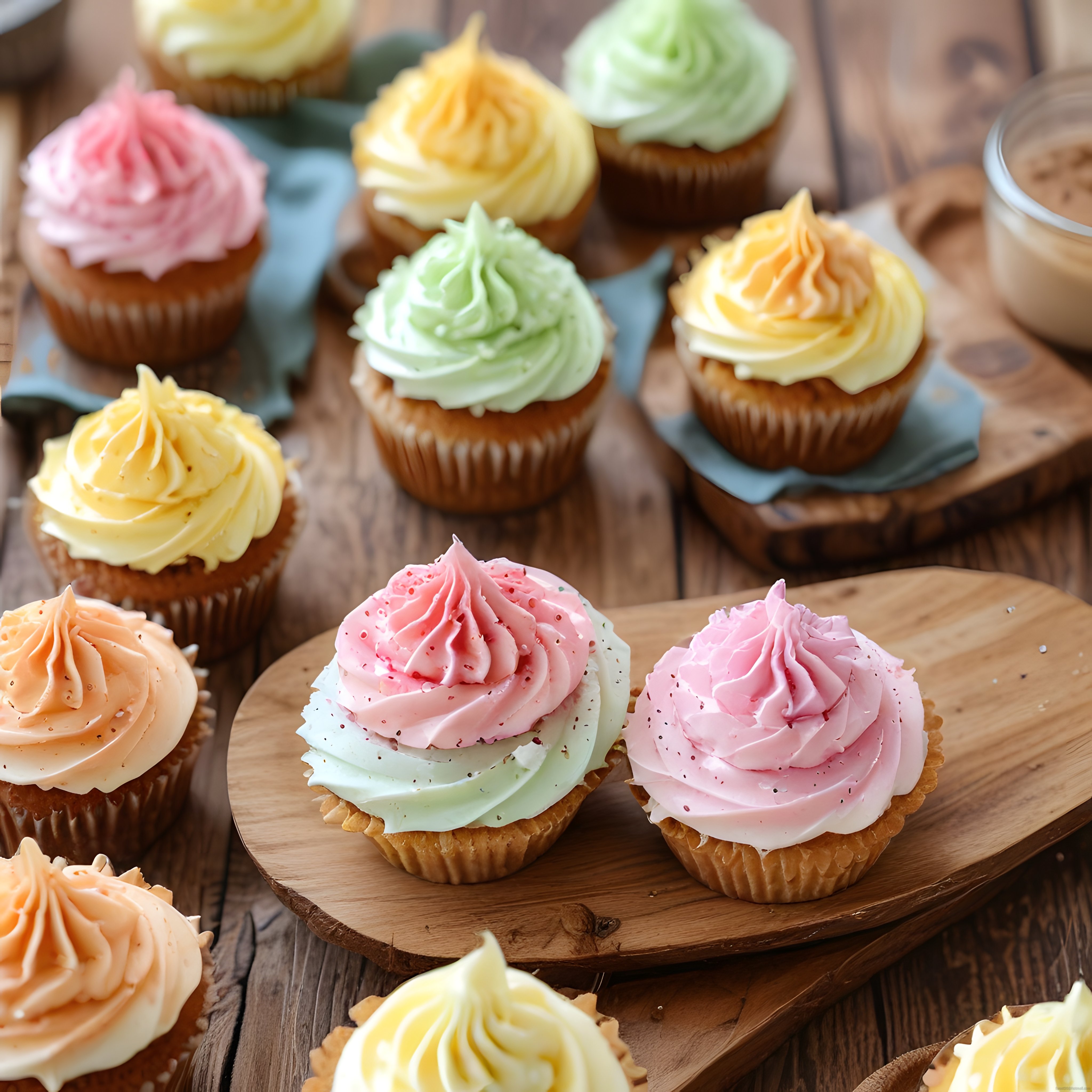 Renkli Kremalı Cupcakeler Ahşap Sunum Tahtalarında: Ev Yapımı Tatlı Keyfi