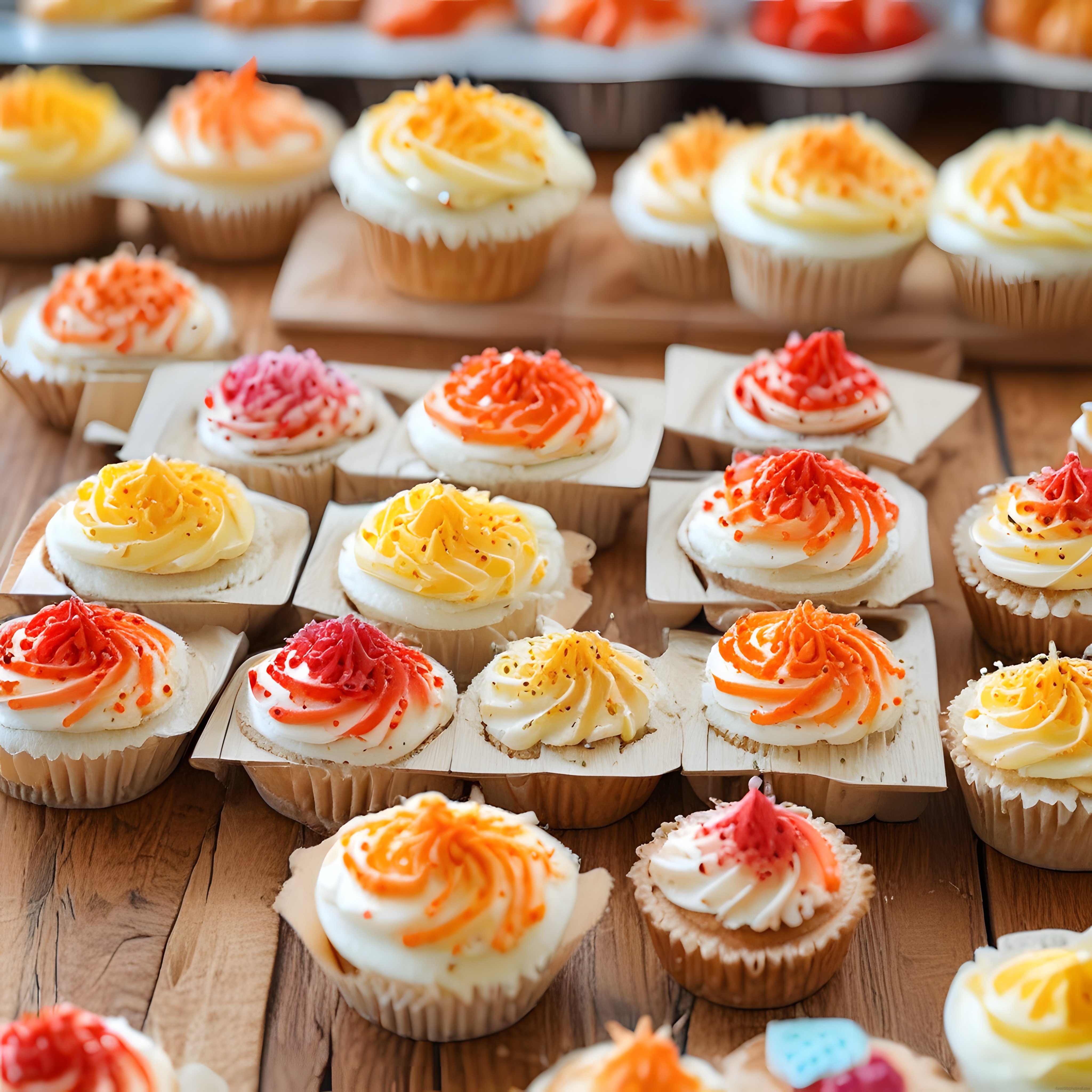Renkli Kremalı Cupcakeler: Ahşap Sunum Üzerinde Tatlı Bir Şölen