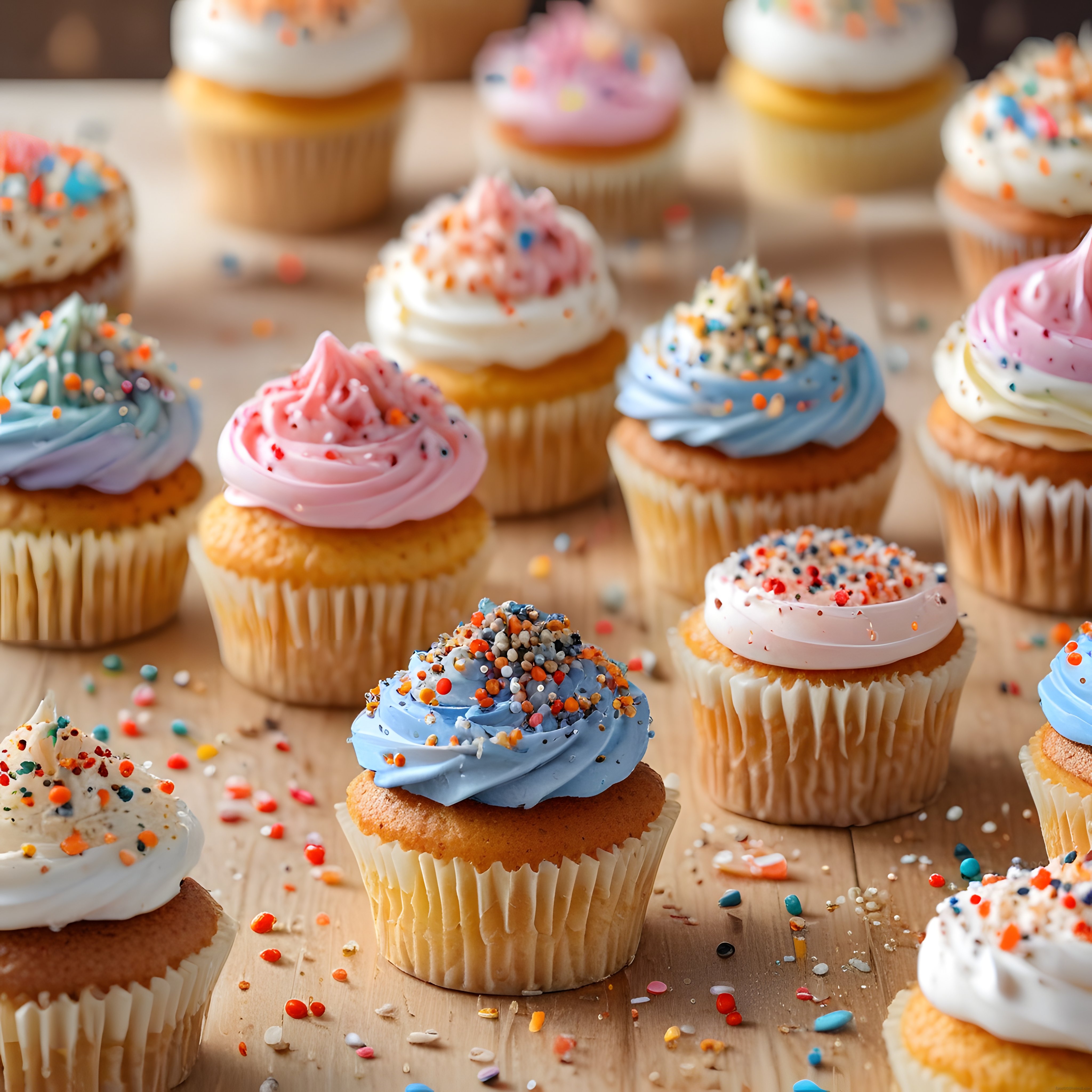 Renkli Kremalı Cupcakeler: Ahşap Zeminde Neşeli ve Lezzetli Tatlı Sunumu