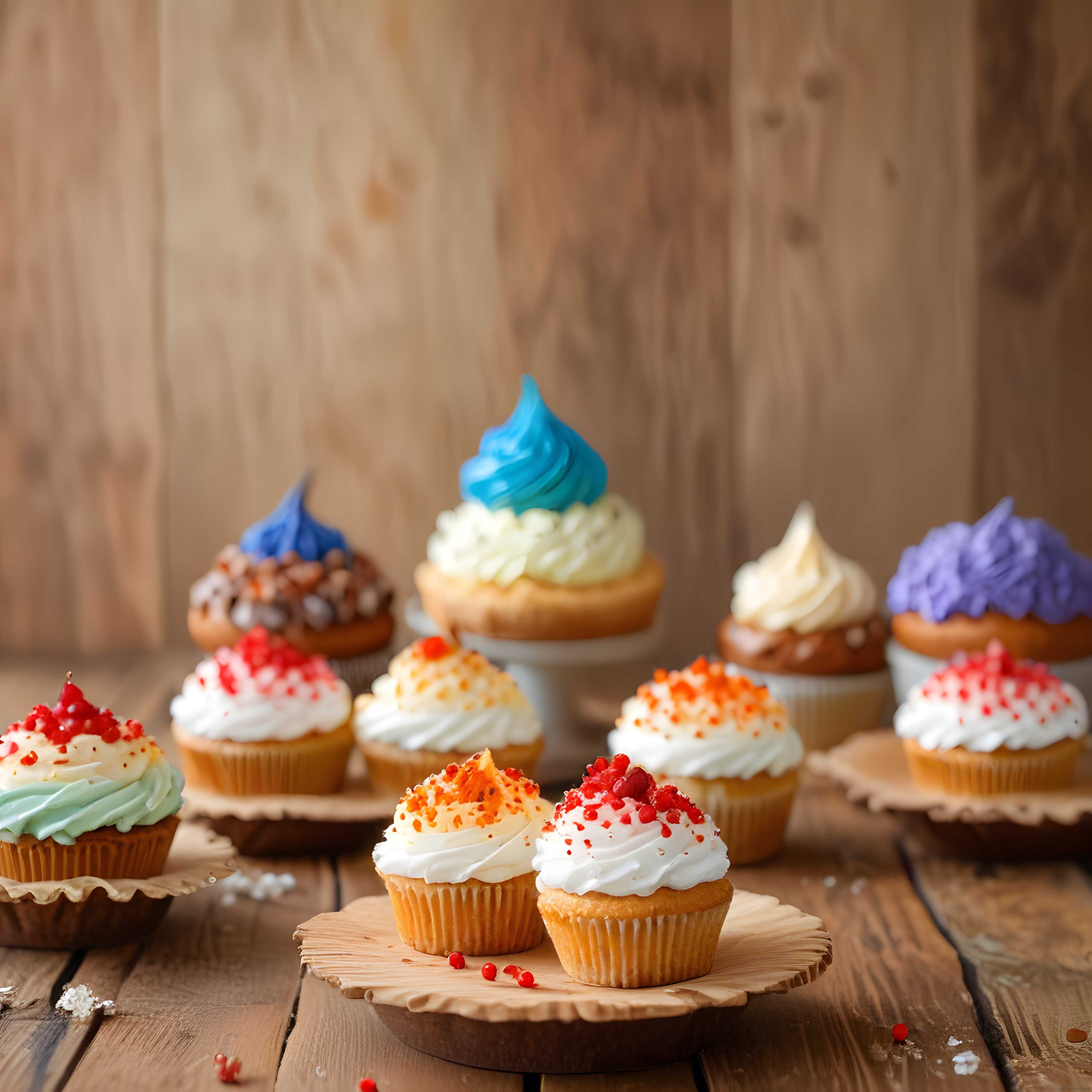 Renkli kremalı cupcakeler ve doğal ahşap sunum eşliğinde tatlı keyfi