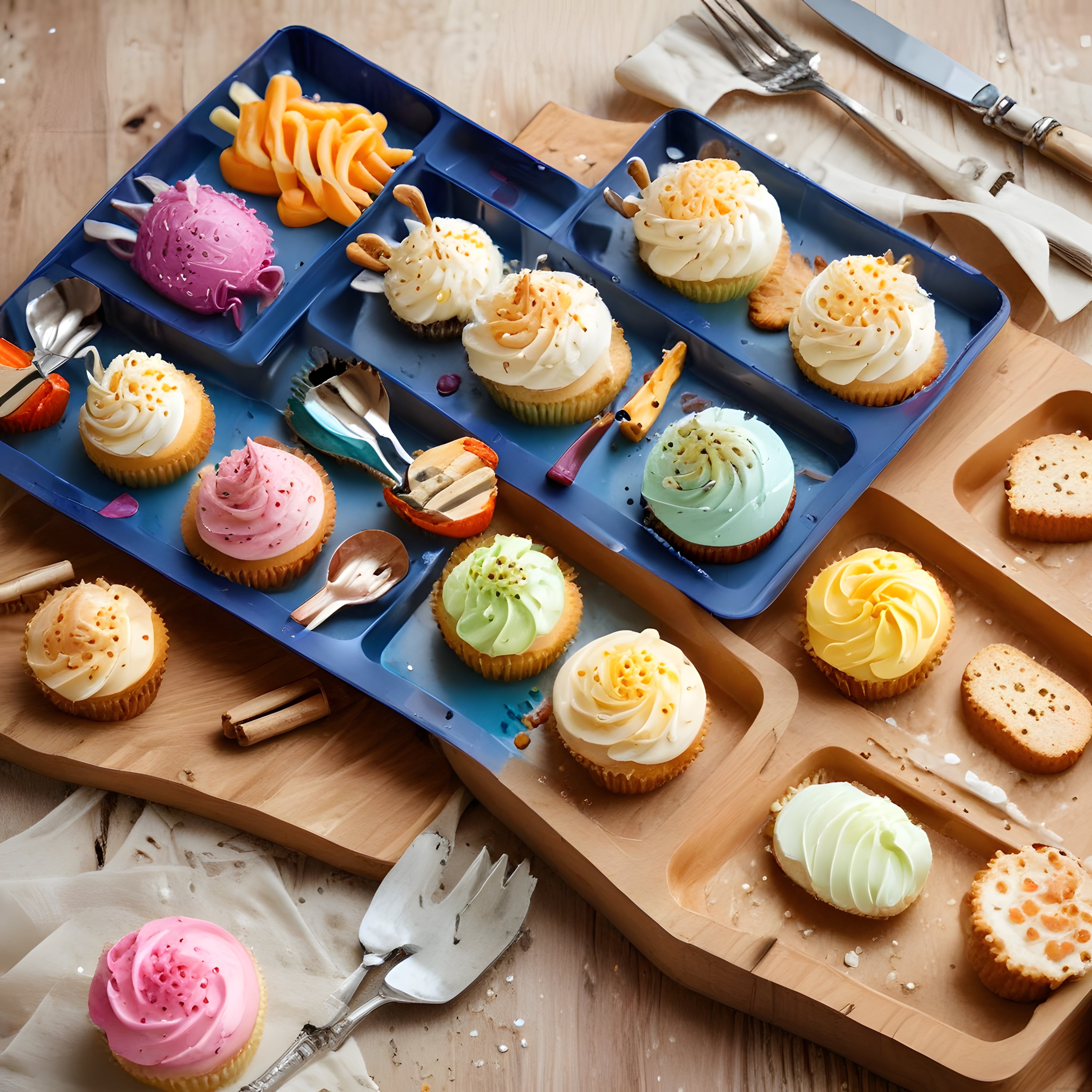 Renkli Kremalı Cupcakeler ve Kek Dilimleriyle Mükemmel Tatlı Sunumu
