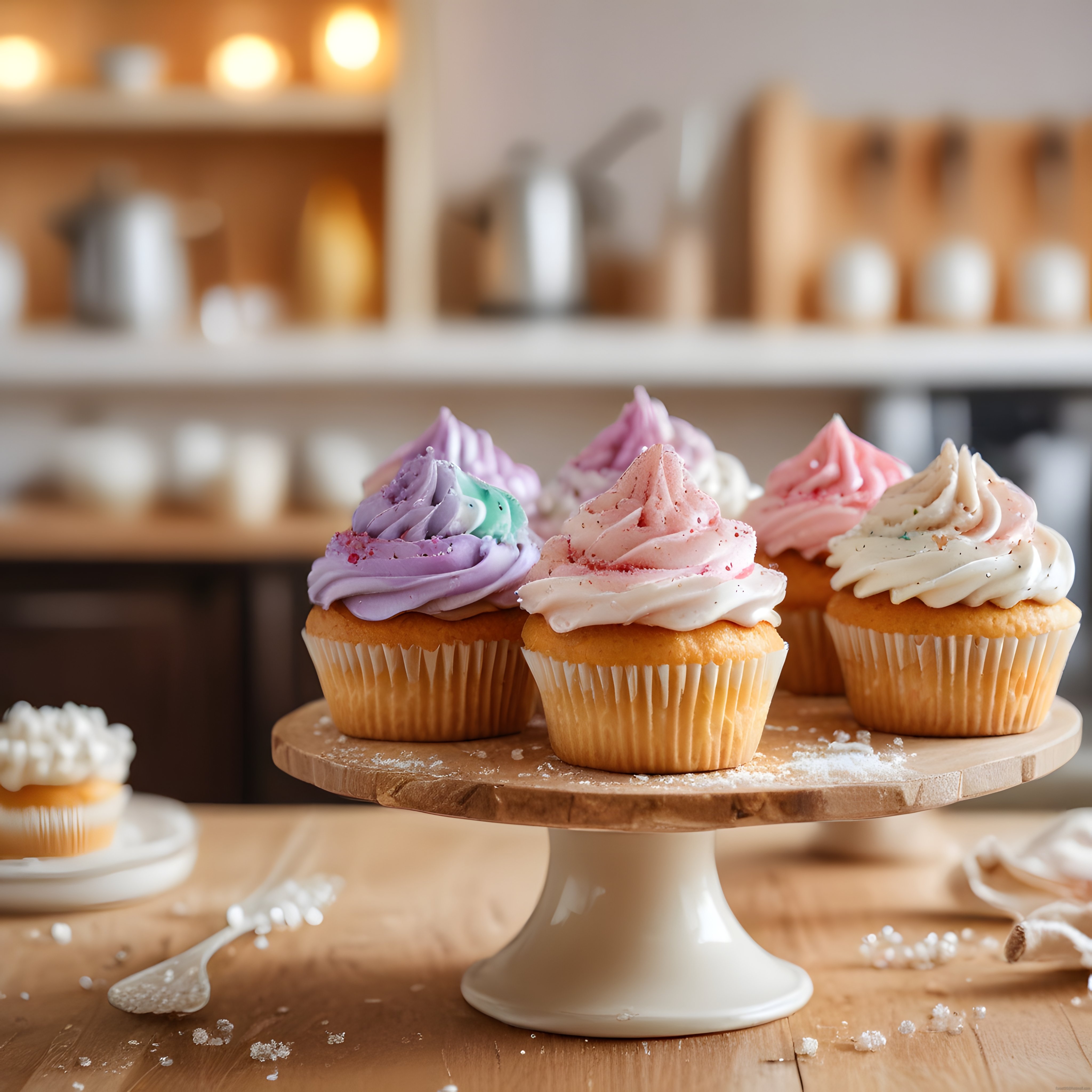 Renkli kremalı cupcakelerin sunum standında sergilendiği sıcak mutfak ortamı