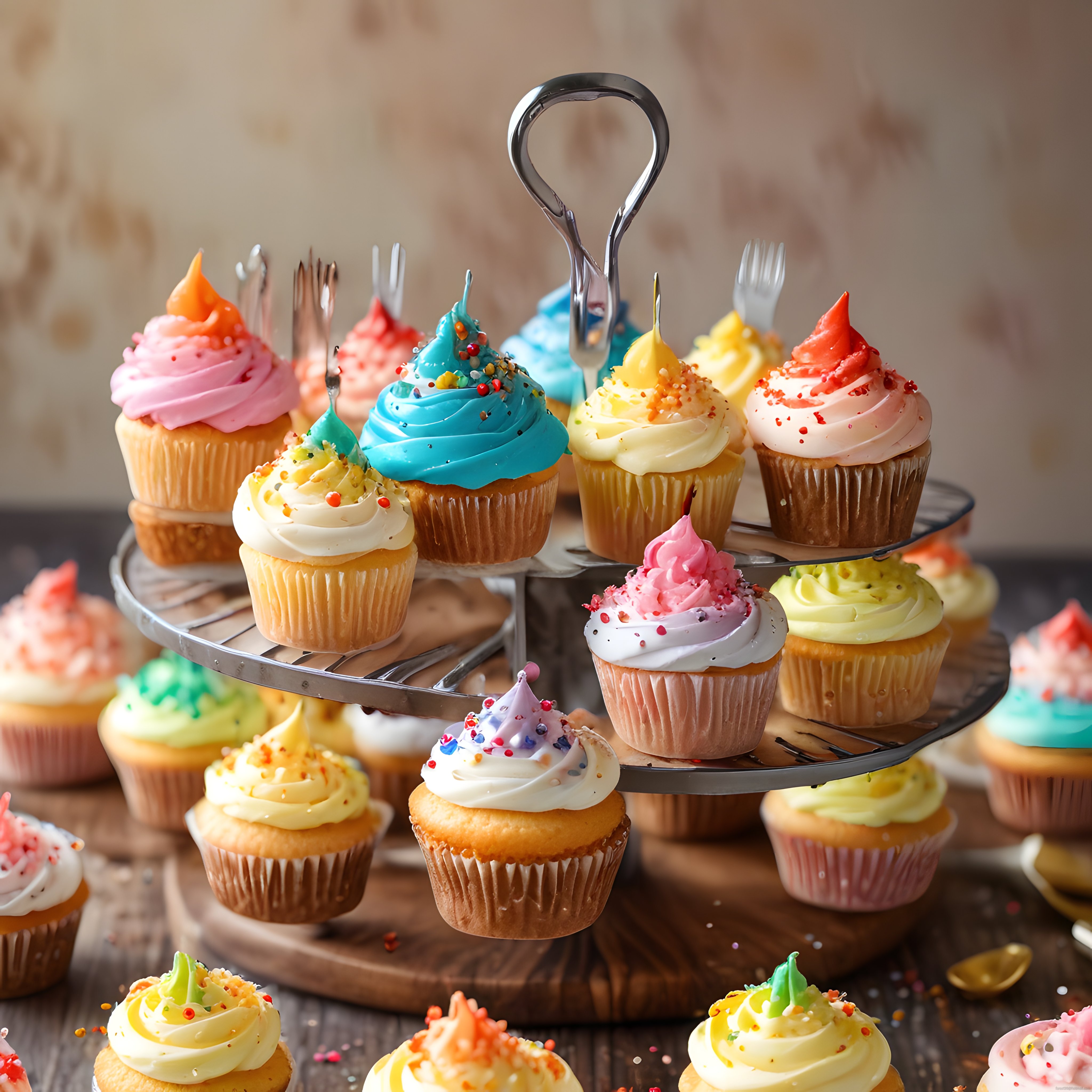 Renkli kremalı cupcakelerle dolu iki katlı şık tatlı standı ve parti masası