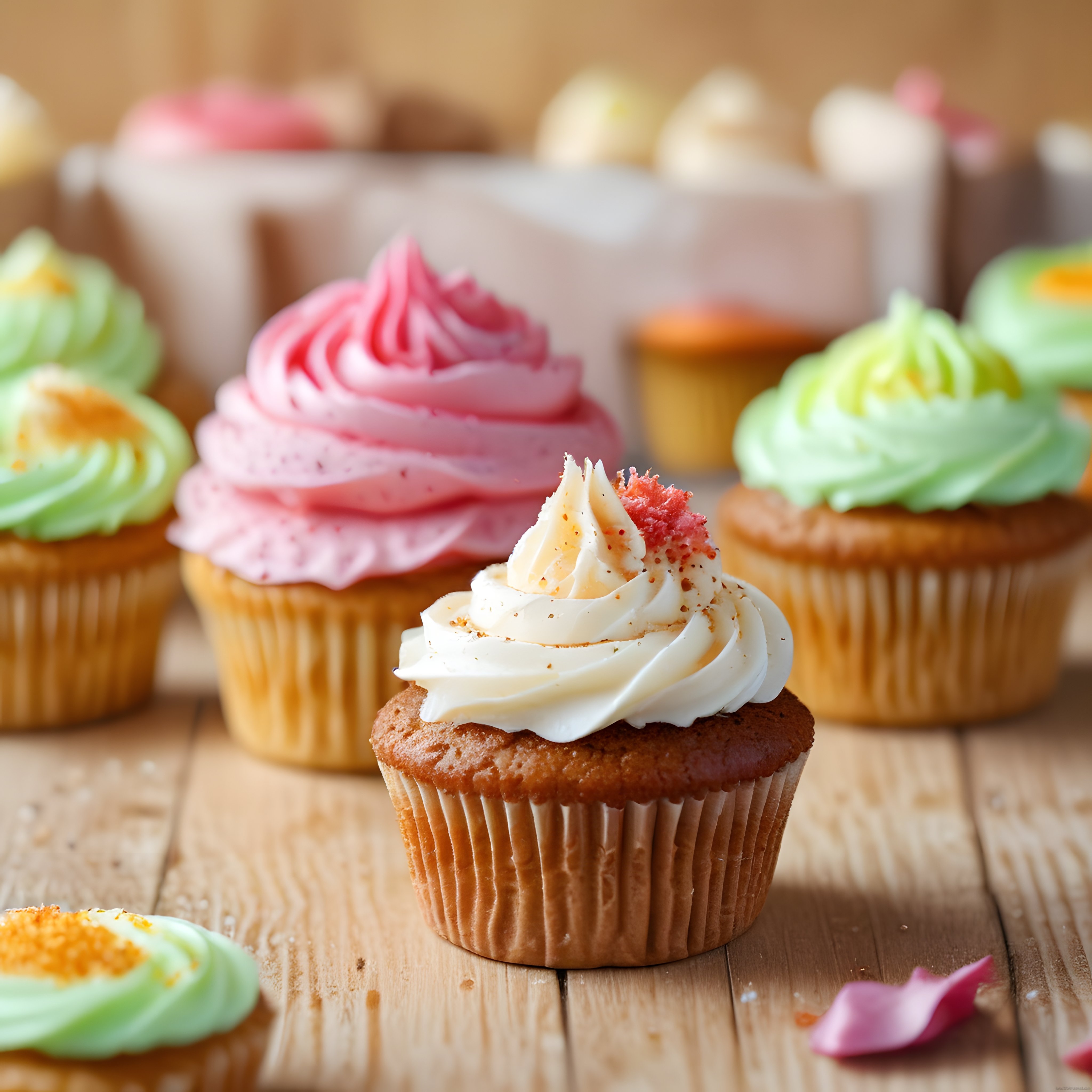 Renkli Kremalı Taze Cupcake'ler: Ahşap Masa Üzerinde Nefis Tatlı Sunumu