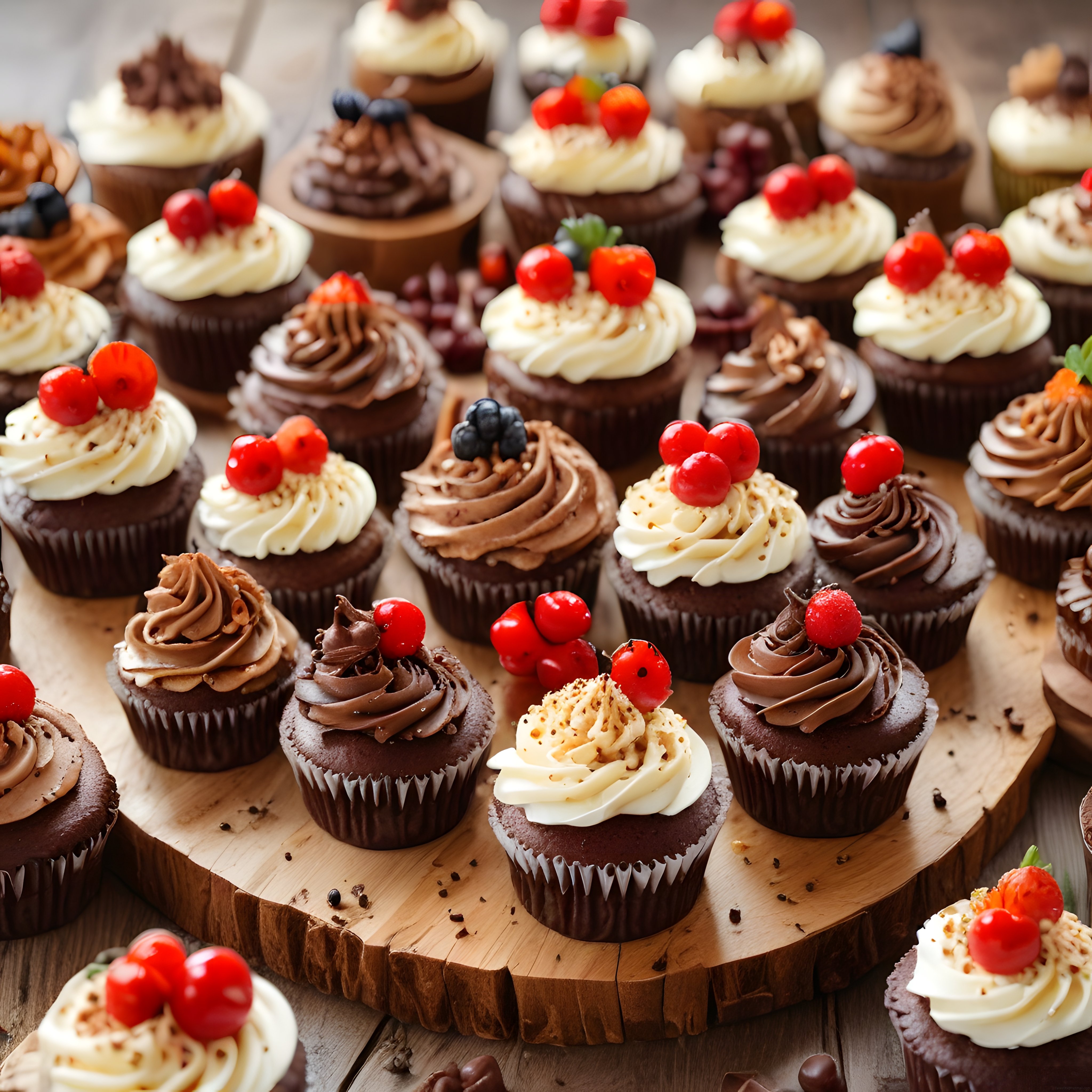 Renkli Kremalı ve Çikolatalı Cupcake Çeşitleri Ahşap Sunum Tahtası Üzerinde