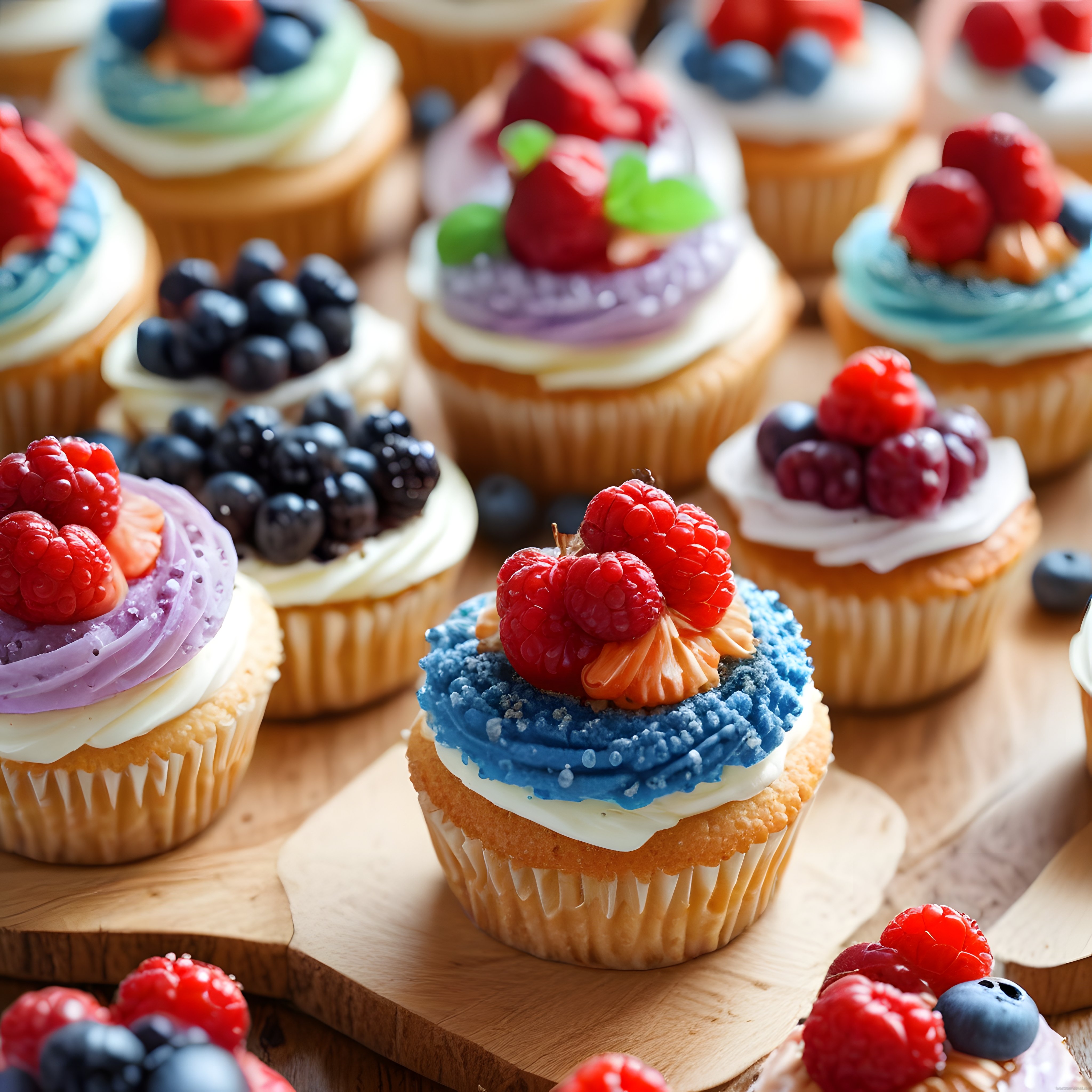 Renkli Kremalı ve Taze Meyveli Cupcake'lerle Dolu Lezzetli Bir Sunum Tahtası
