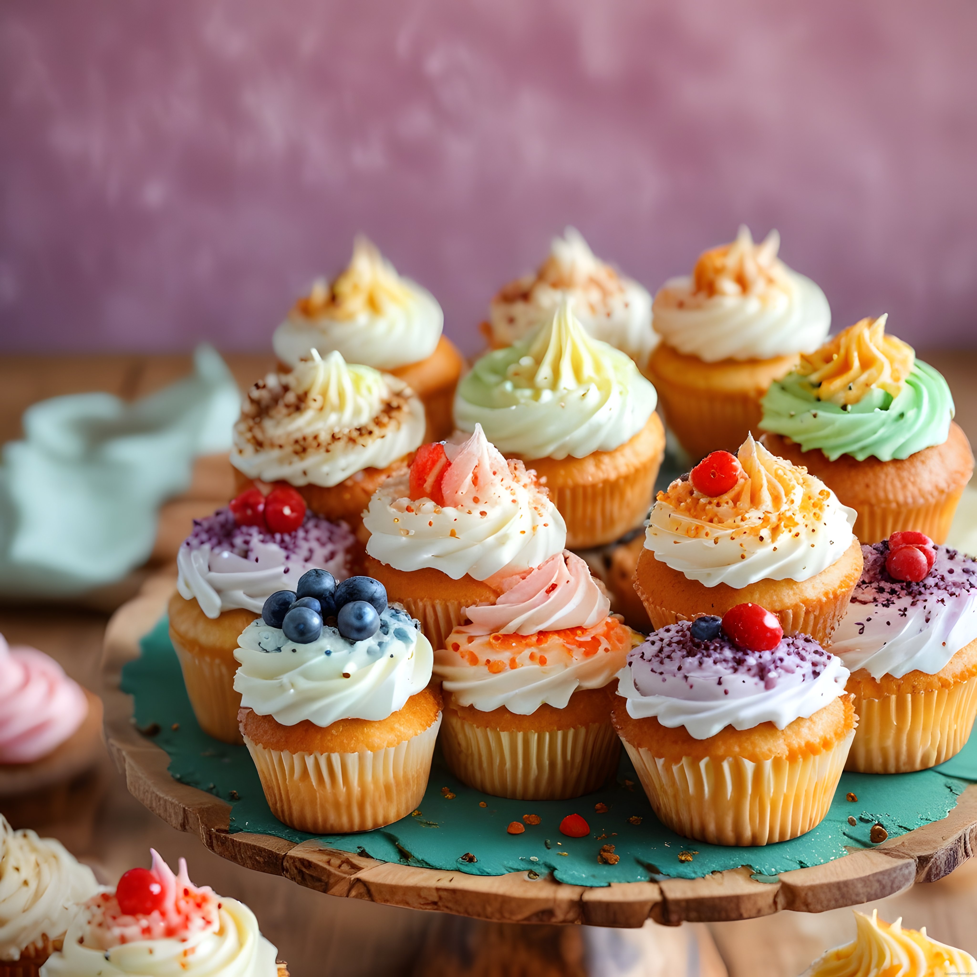Renkli Kremalı ve Taze Meyveli Cupcakelerin Şık Ahşap Sunum Standı