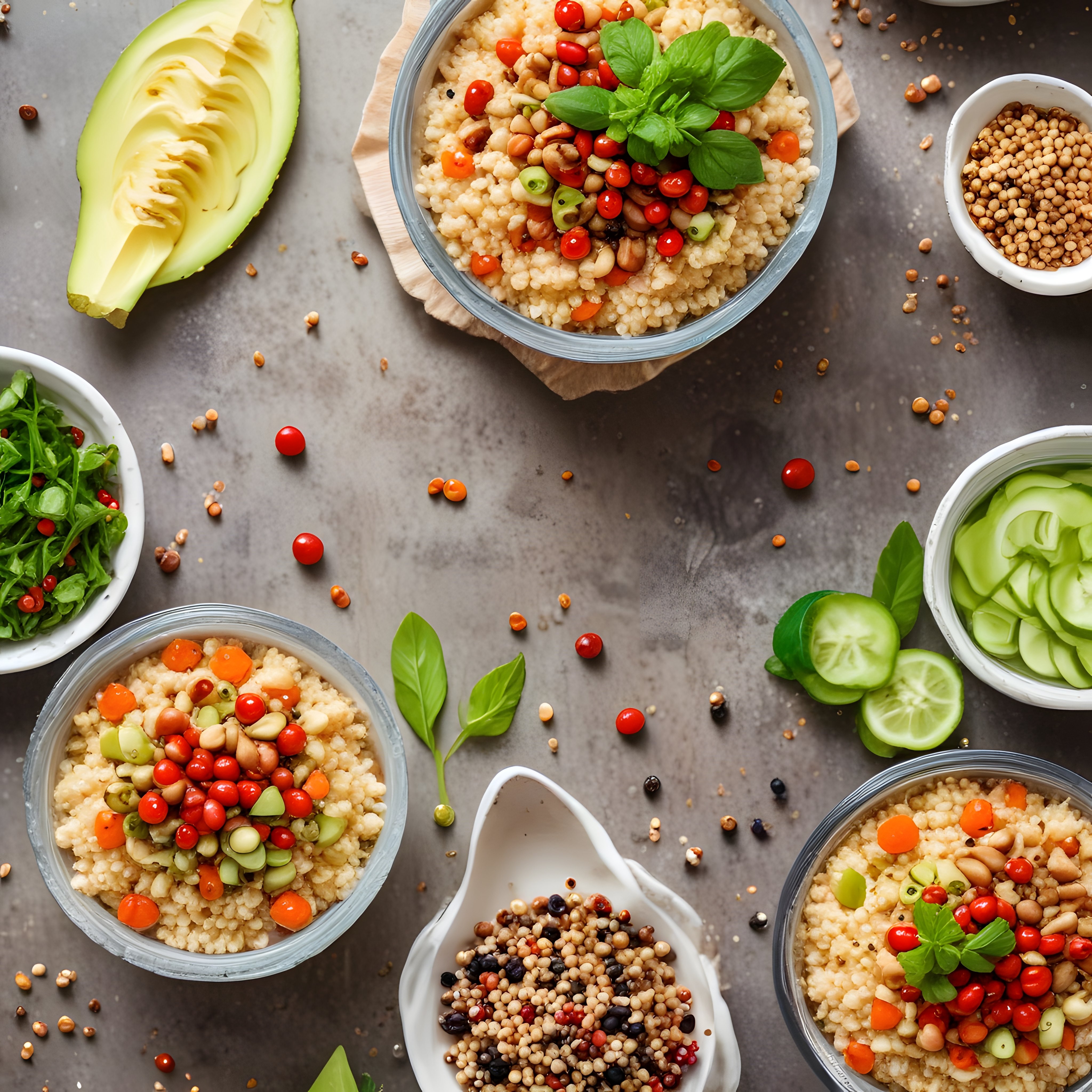 Renkli Kuskuslu Salata Kasesi: Taze Avokado ve Baklagillerle Besleyici Sunum