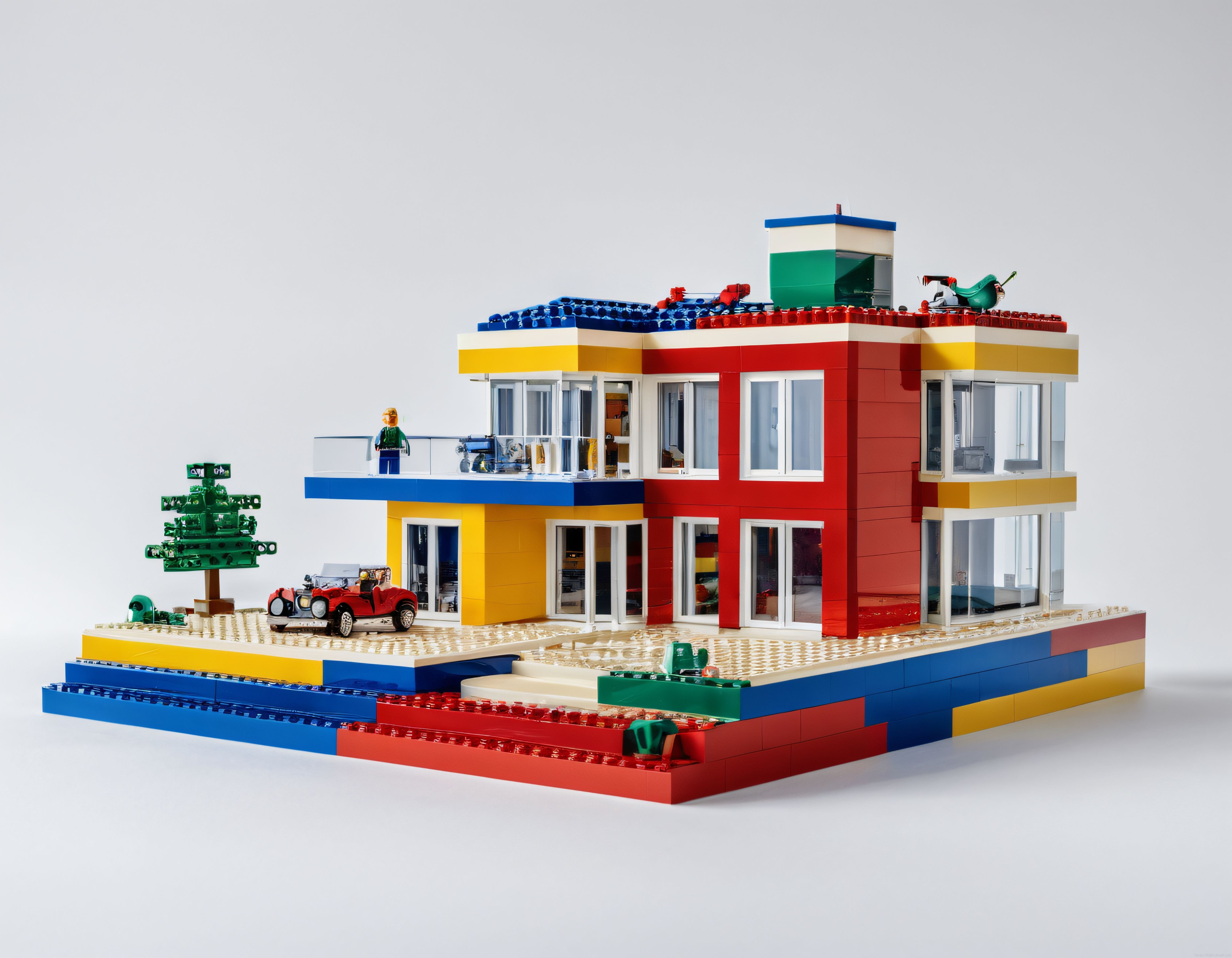Renkli LEGO Parçalarından Yapılmış Modern Lüks Villa ve Bahçe Seti