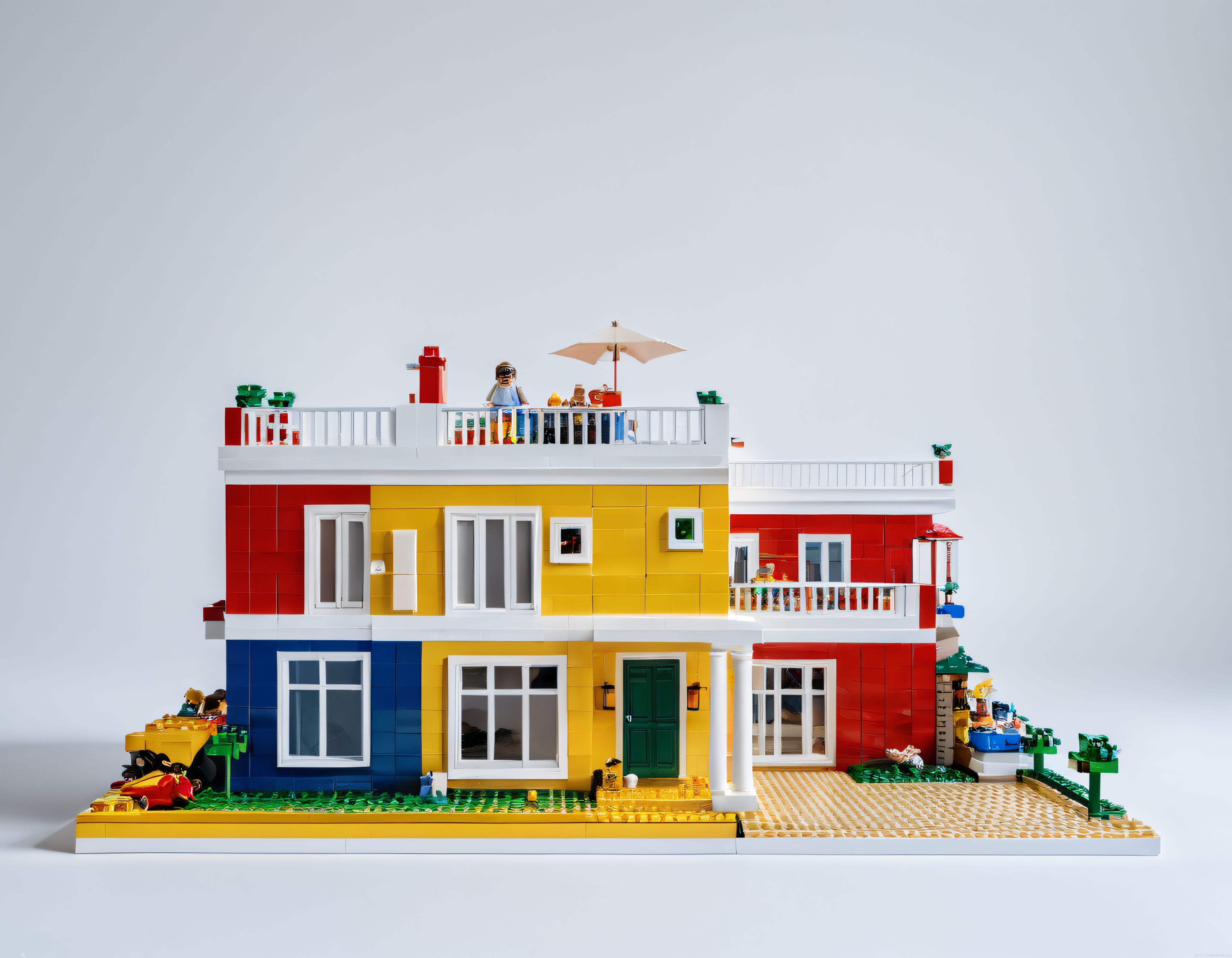 Renkli LEGO Şehir Evi: İki Katlı Oyuncak Model, Balkon ve Minifigürler