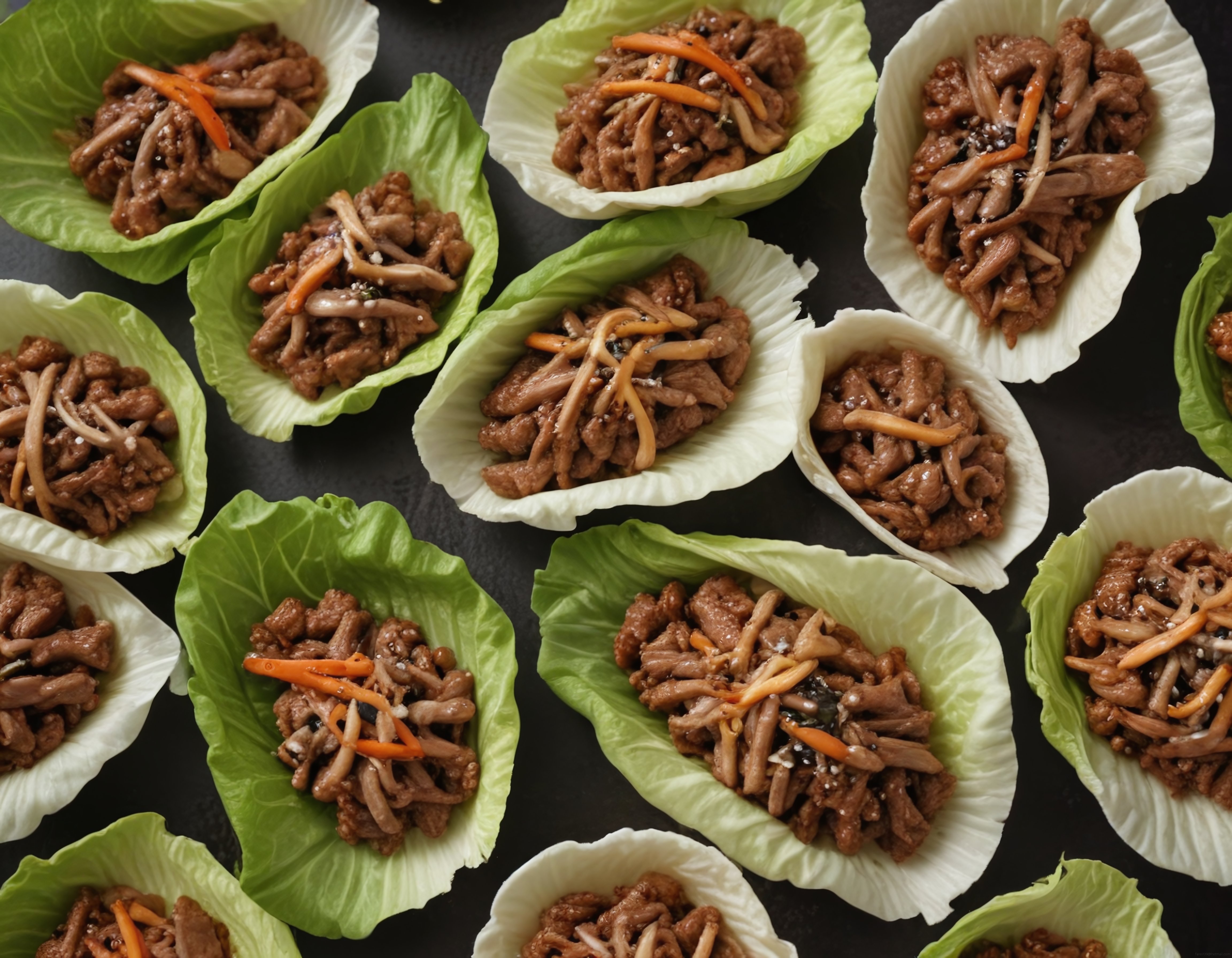 Renkli marul yapraklarında Asya usulü teriyaki et mantar sarma sunumu
