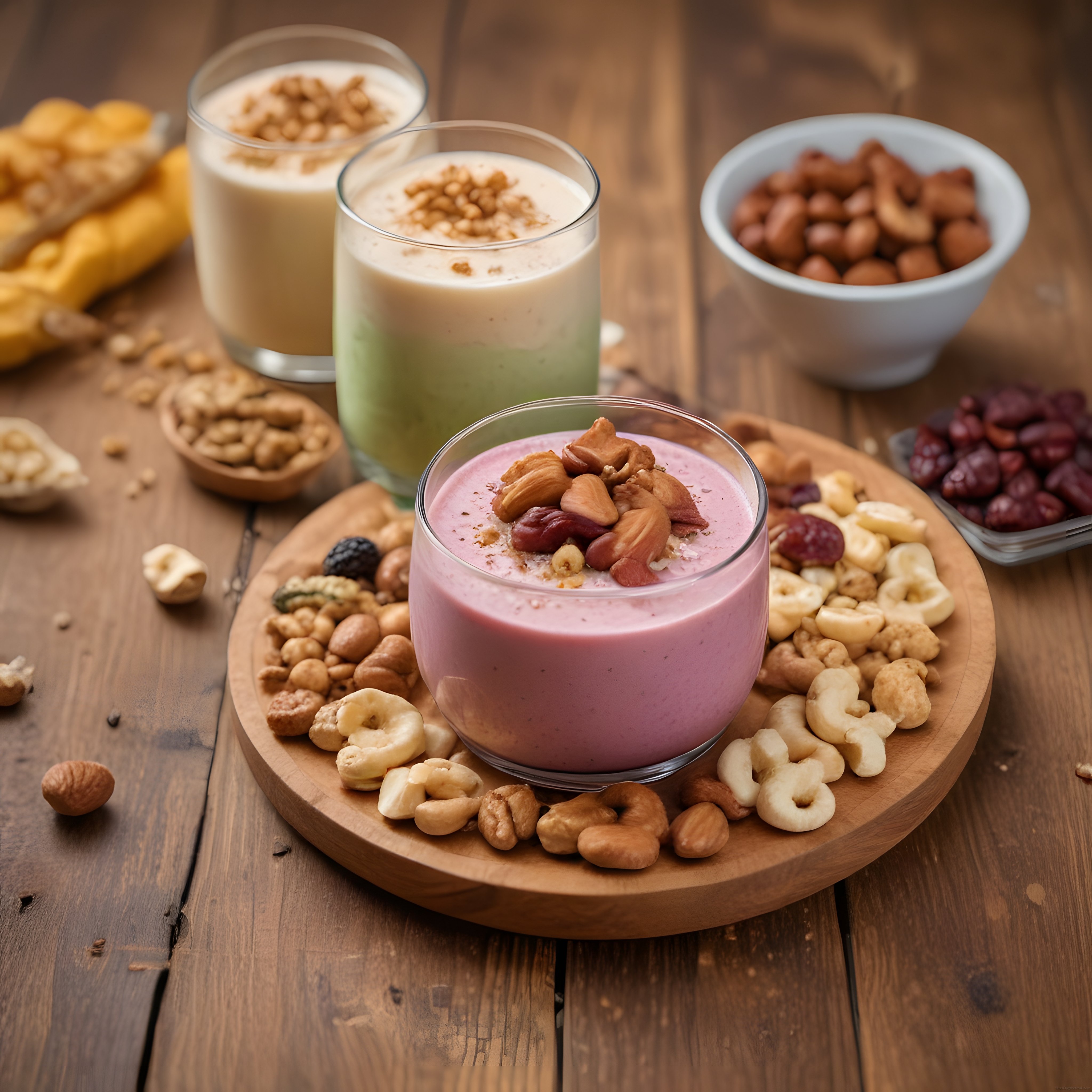 Renkli meyve smoothieleri ve kuruyemişlerle hazırlanmış sağlıklı kahvaltı masası