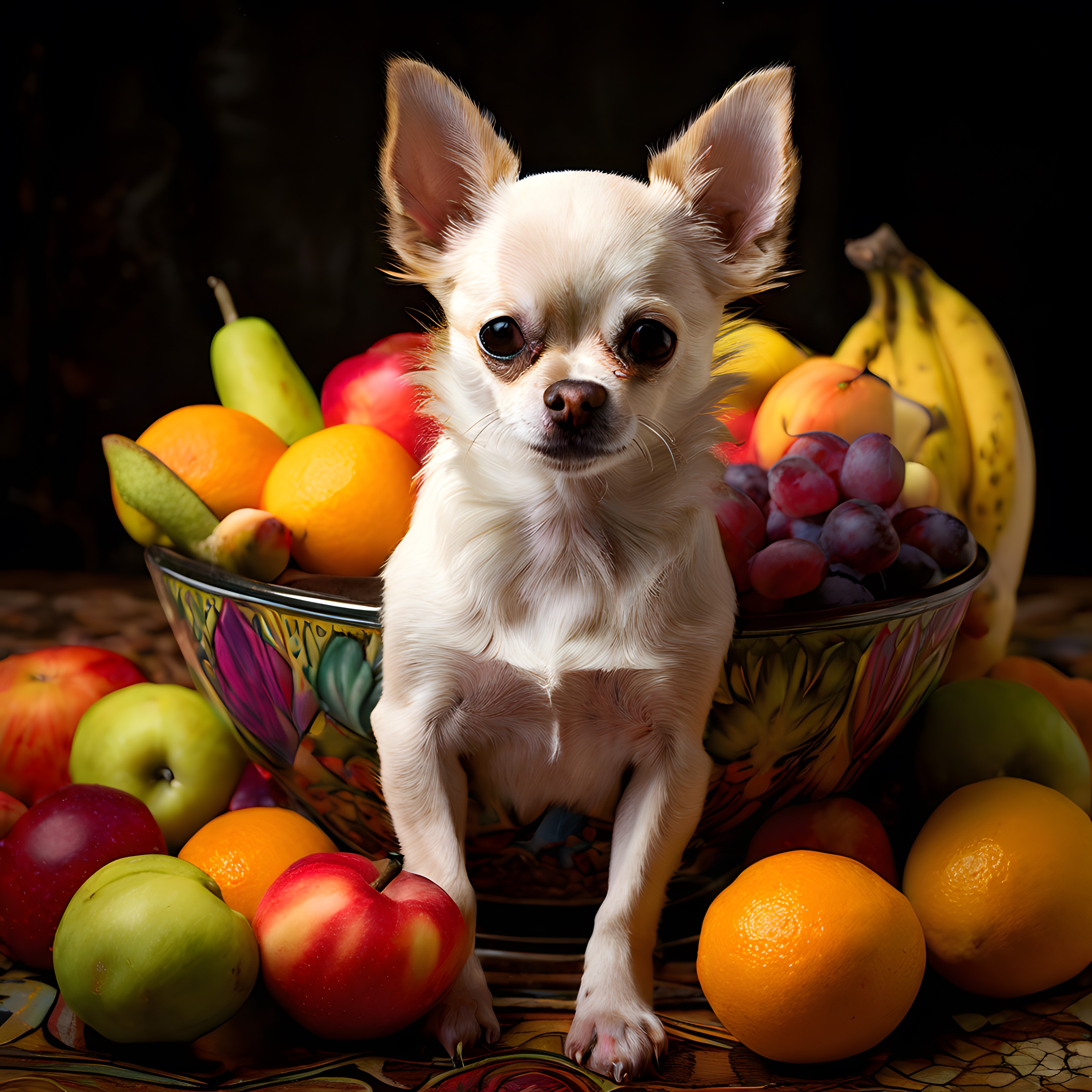 Renkli Meyveler Arasında Oturan Sevimli Beyaz Chihuahua Köpeği