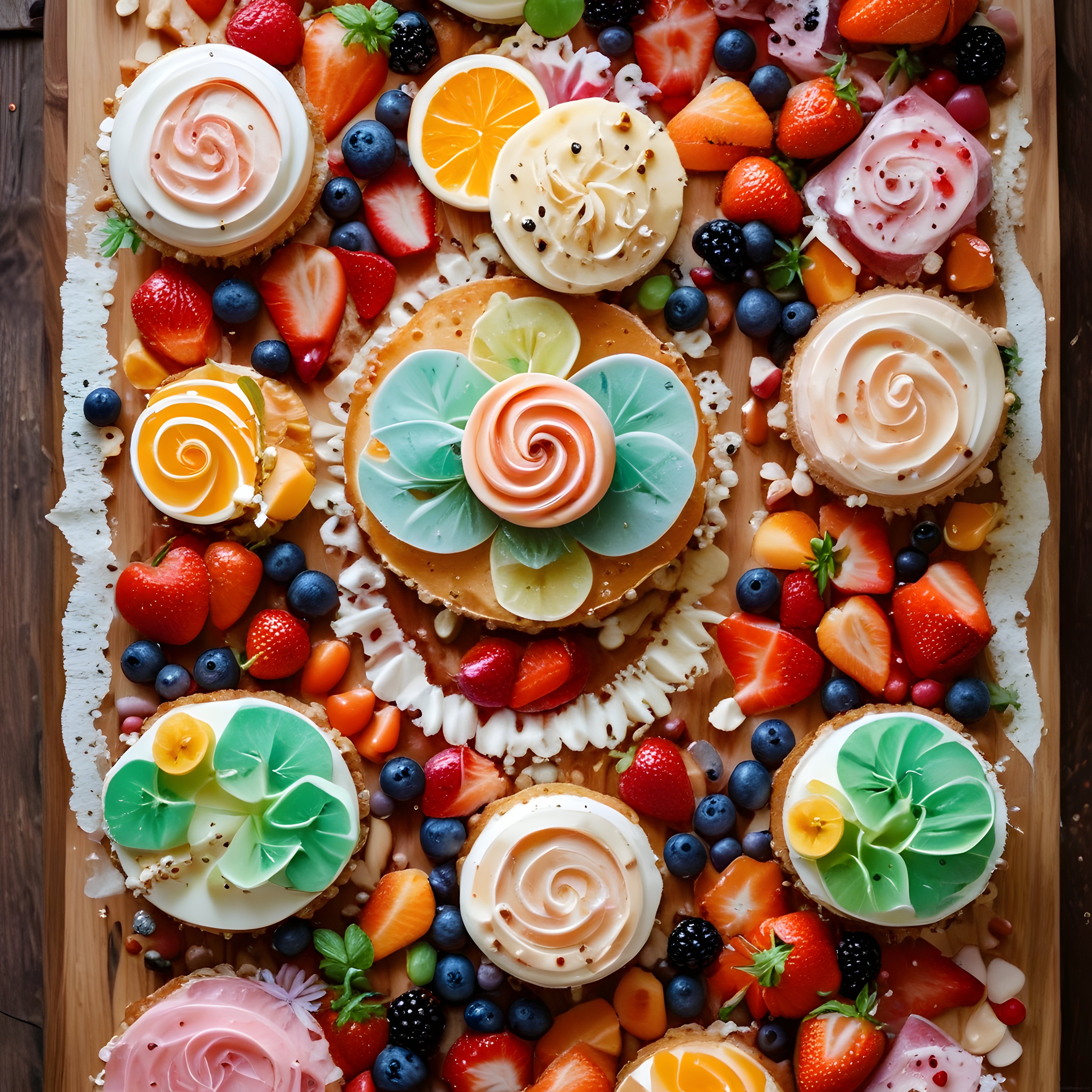 Renkli meyveler ve çiçek şeklinde süslenmiş lezzetlerle dolu şık brunch tahtası