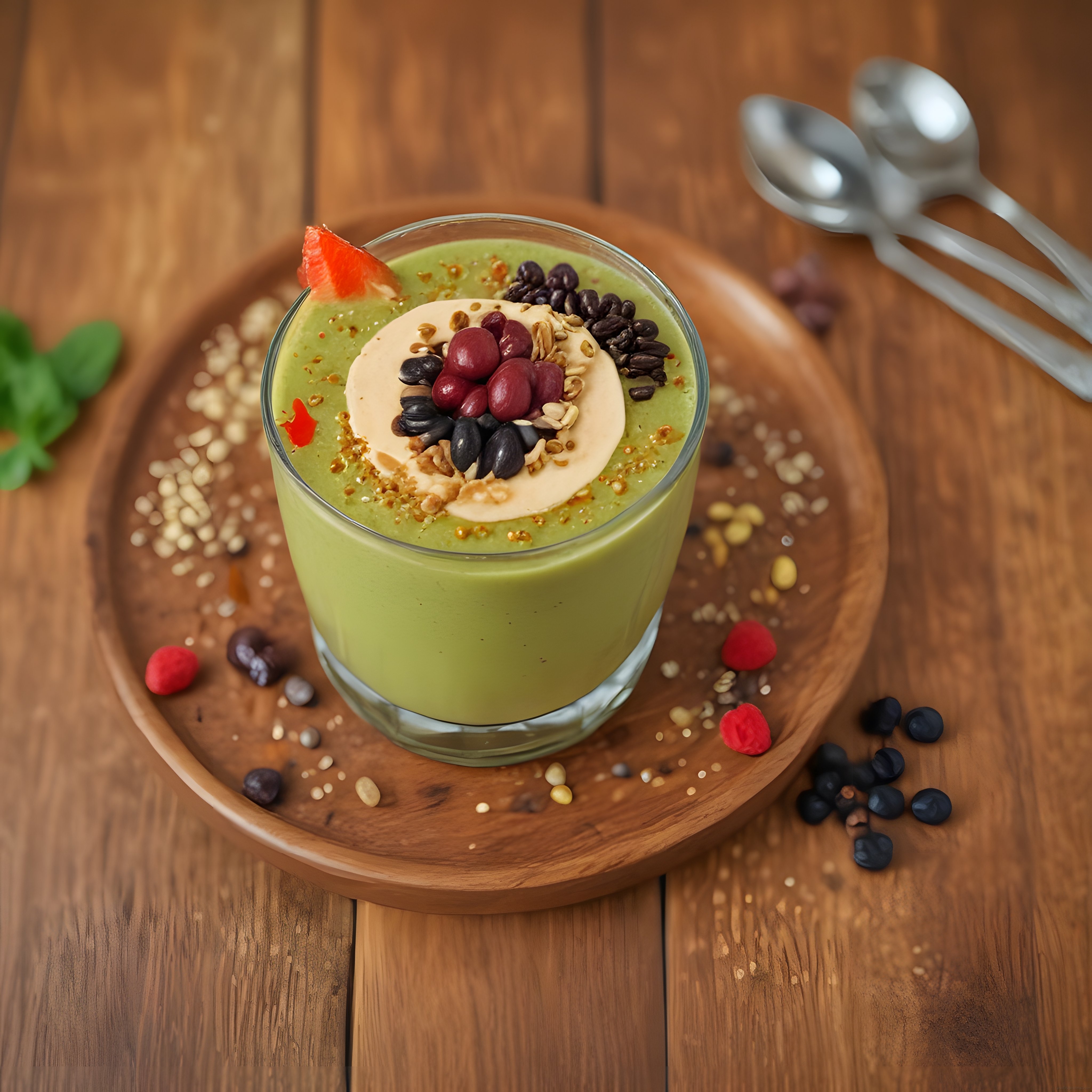 Renkli Meyveler ve Granola ile Süslenmiş Kahvaltılık Yeşil Smoothie Kasesi