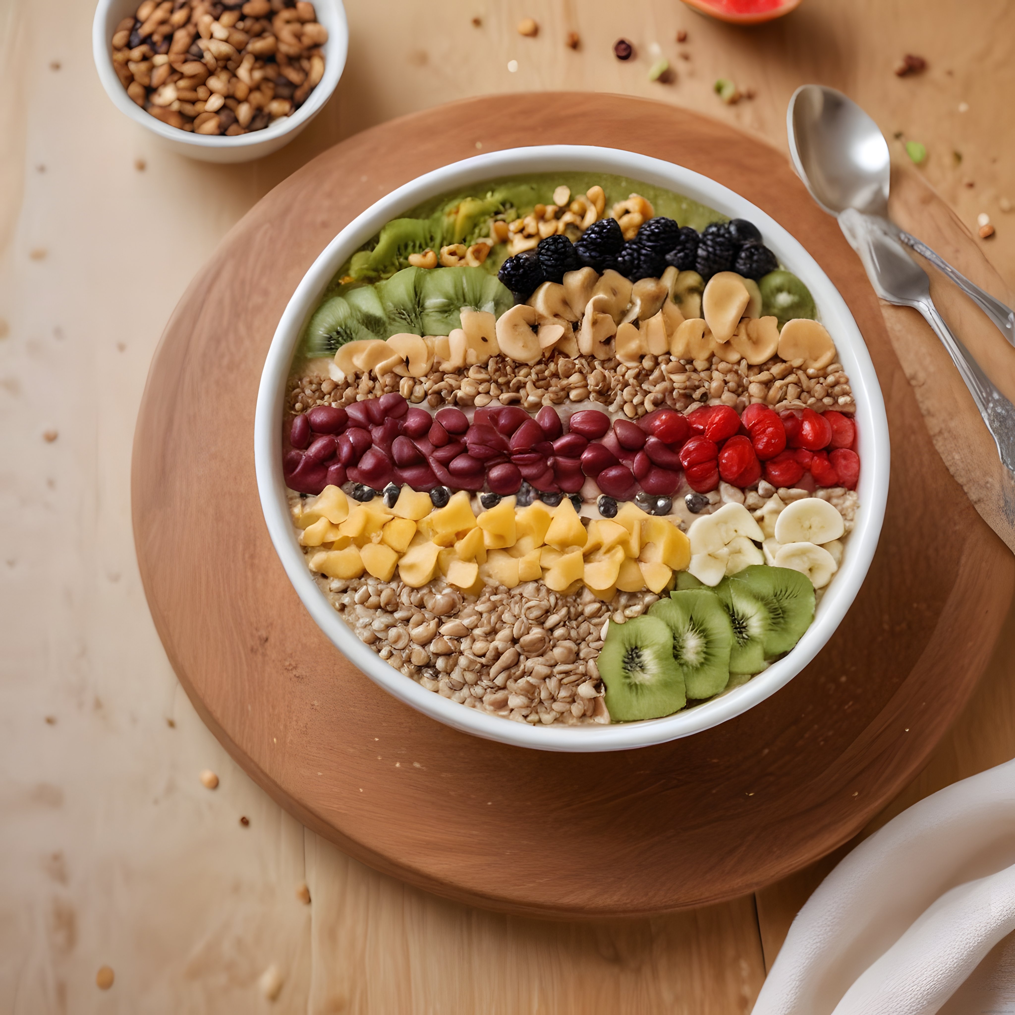 Renkli meyveler ve süper gıdalarla süslenmiş sağlıklı smoothie kasesi, ahşap