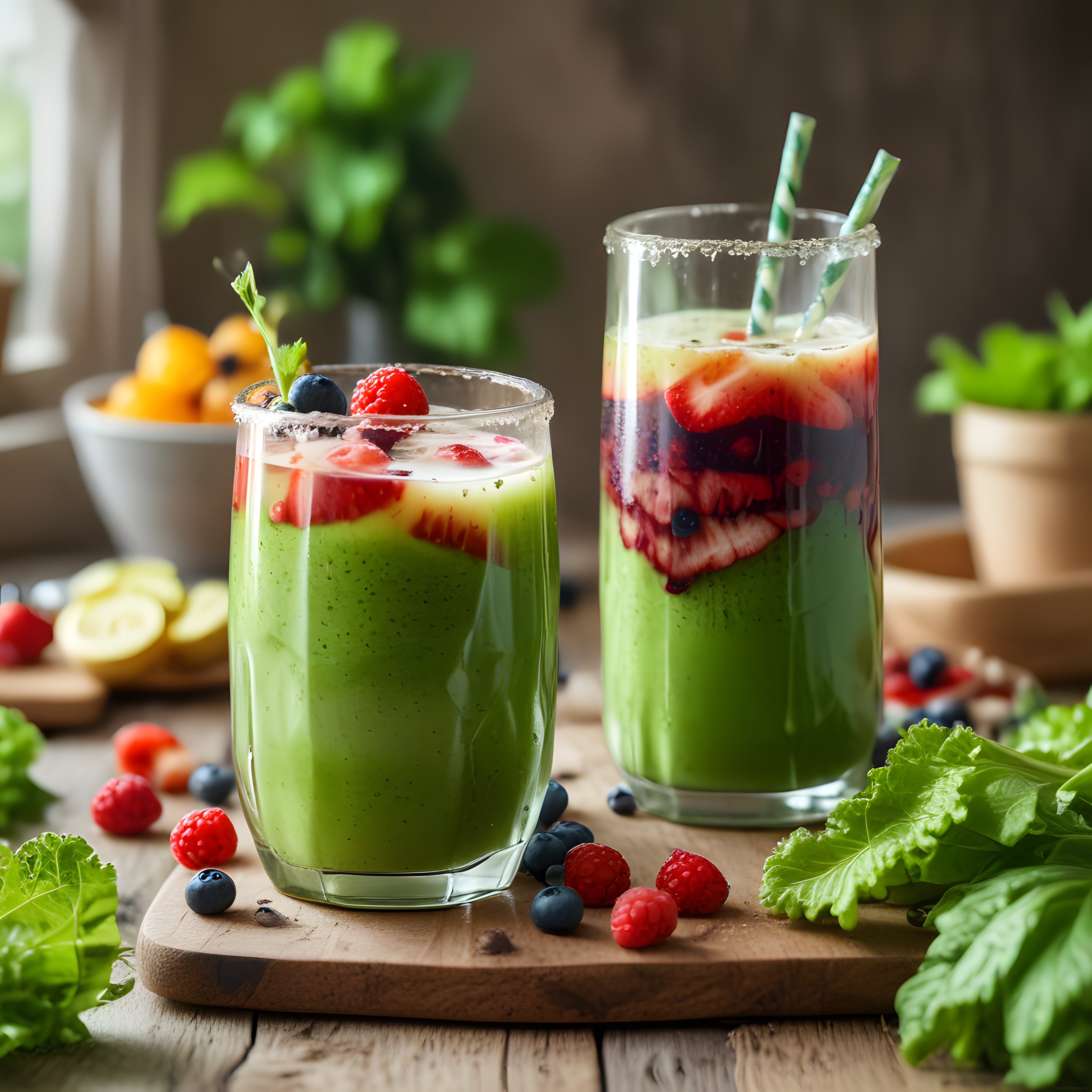 Renkli Meyvelerle Süslenmiş Taze Yeşil Smoothie: Sağlıklı İçecek Tarifi