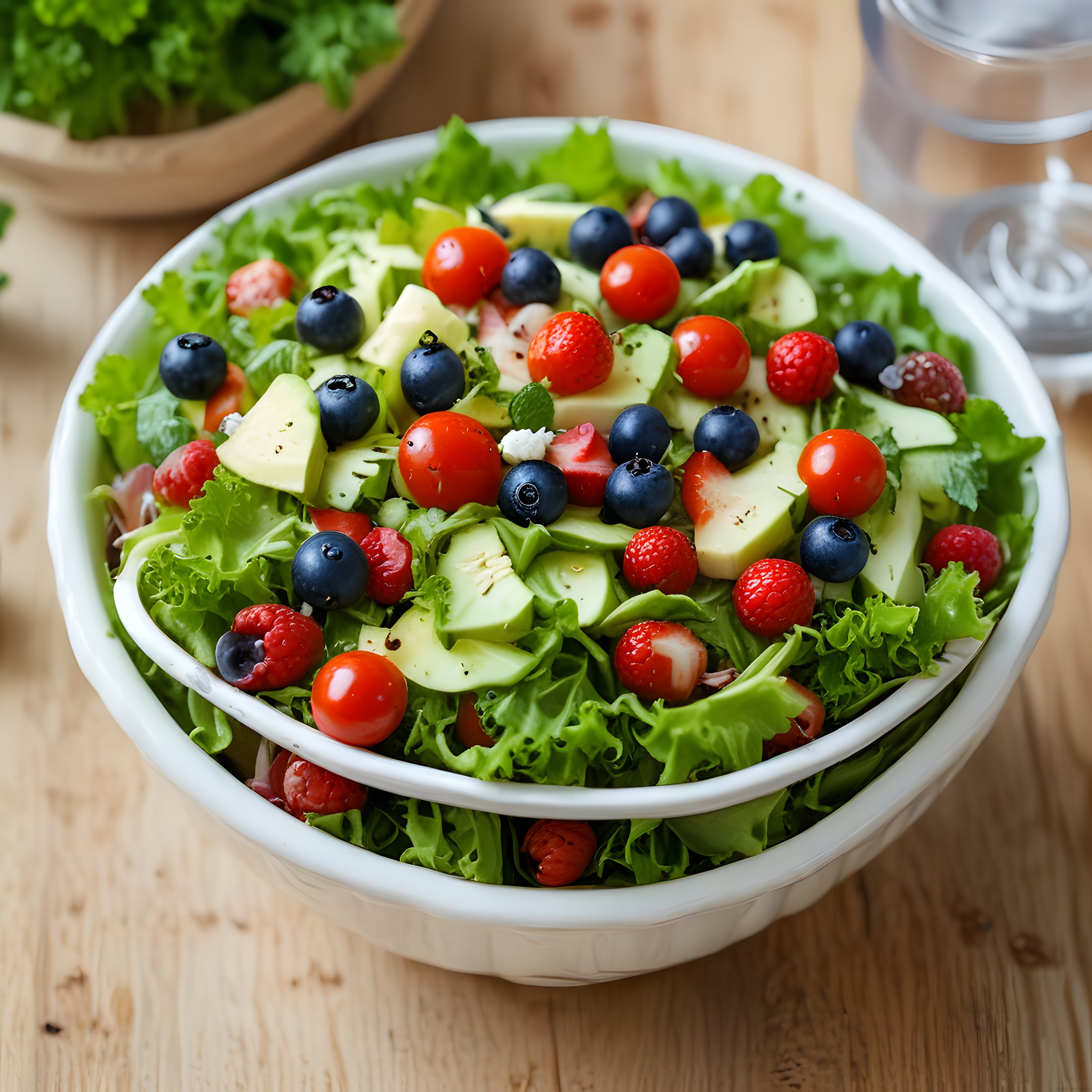 Renkli meyveli avokadolu taze salata kasesi sağlıklı beslenme için ideal