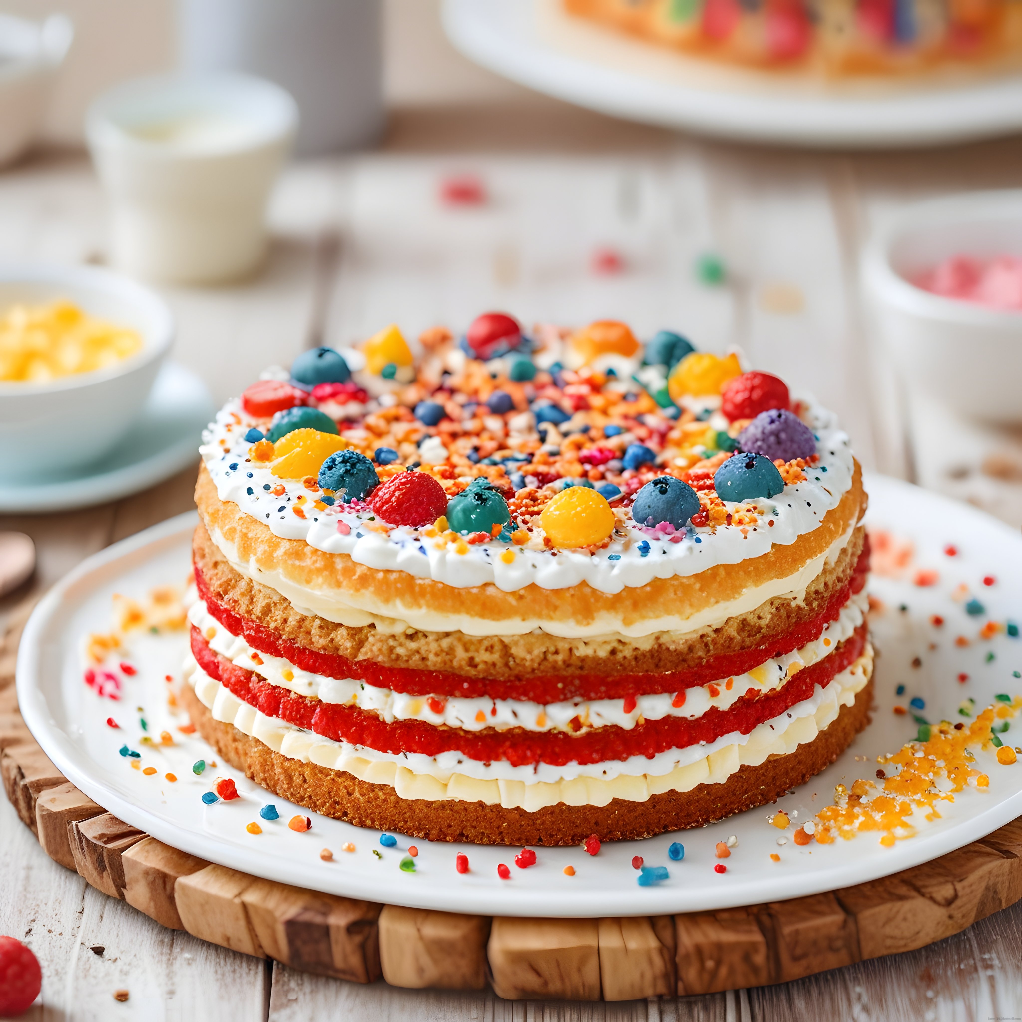 Renkli meyveli katlı pasta, kremalı doğum günü tatlısı ve kahvaltı sofrası