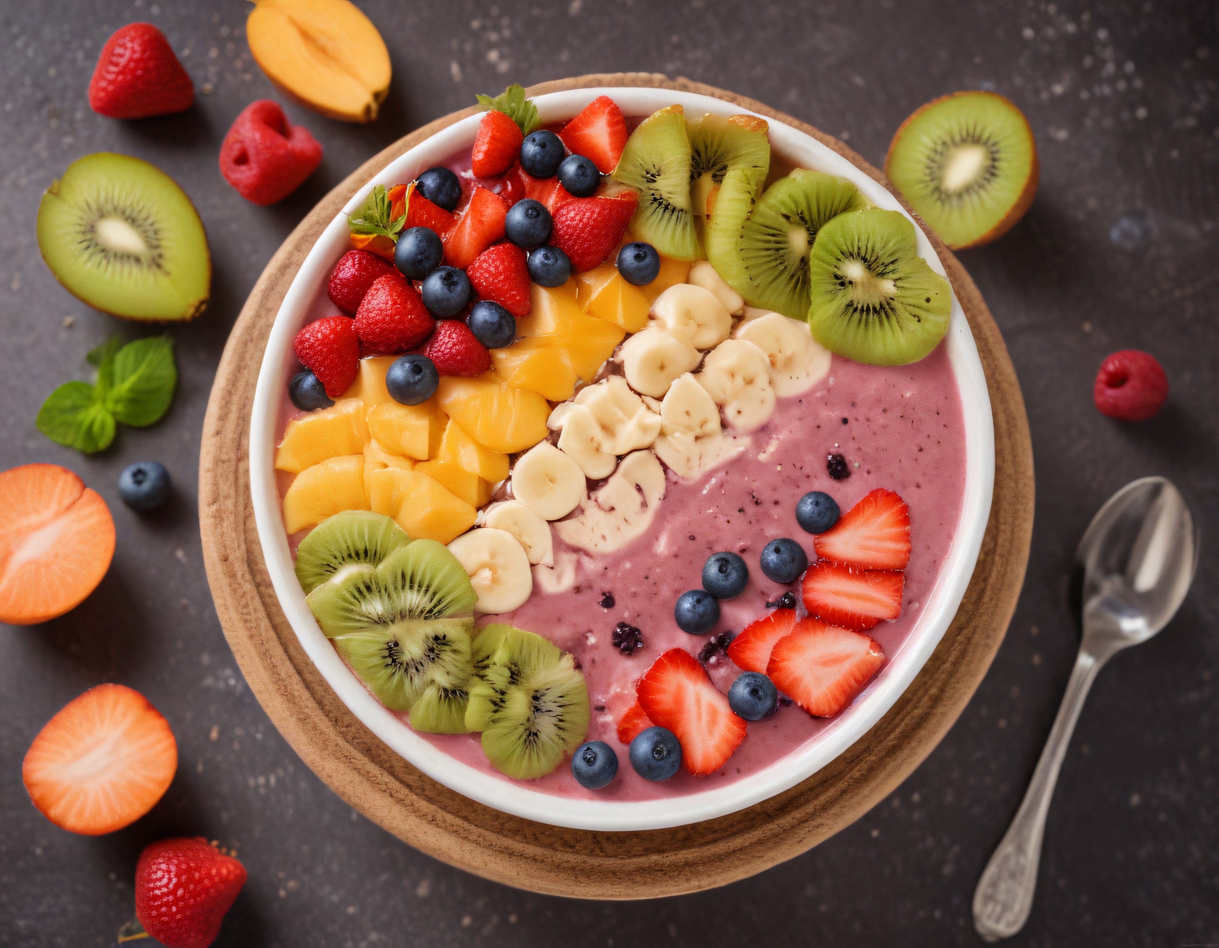 Renkli Meyveli Smoothie Bowl ile Sağlıklı ve Lezzetli Kahvaltı Sunumu