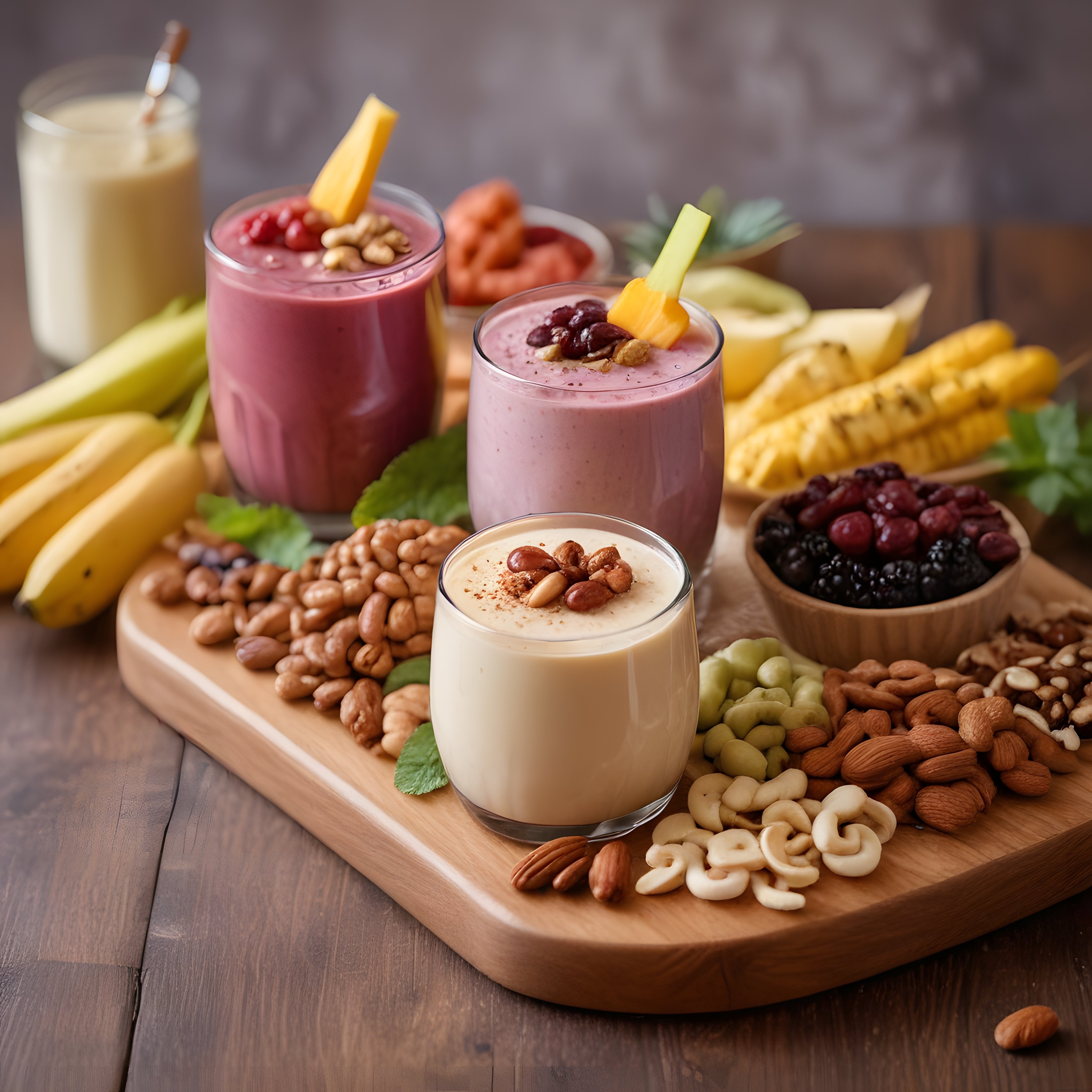 Renkli meyveli smoothie çeşitleri ve kuruyemişlerle sağlıklı sunum