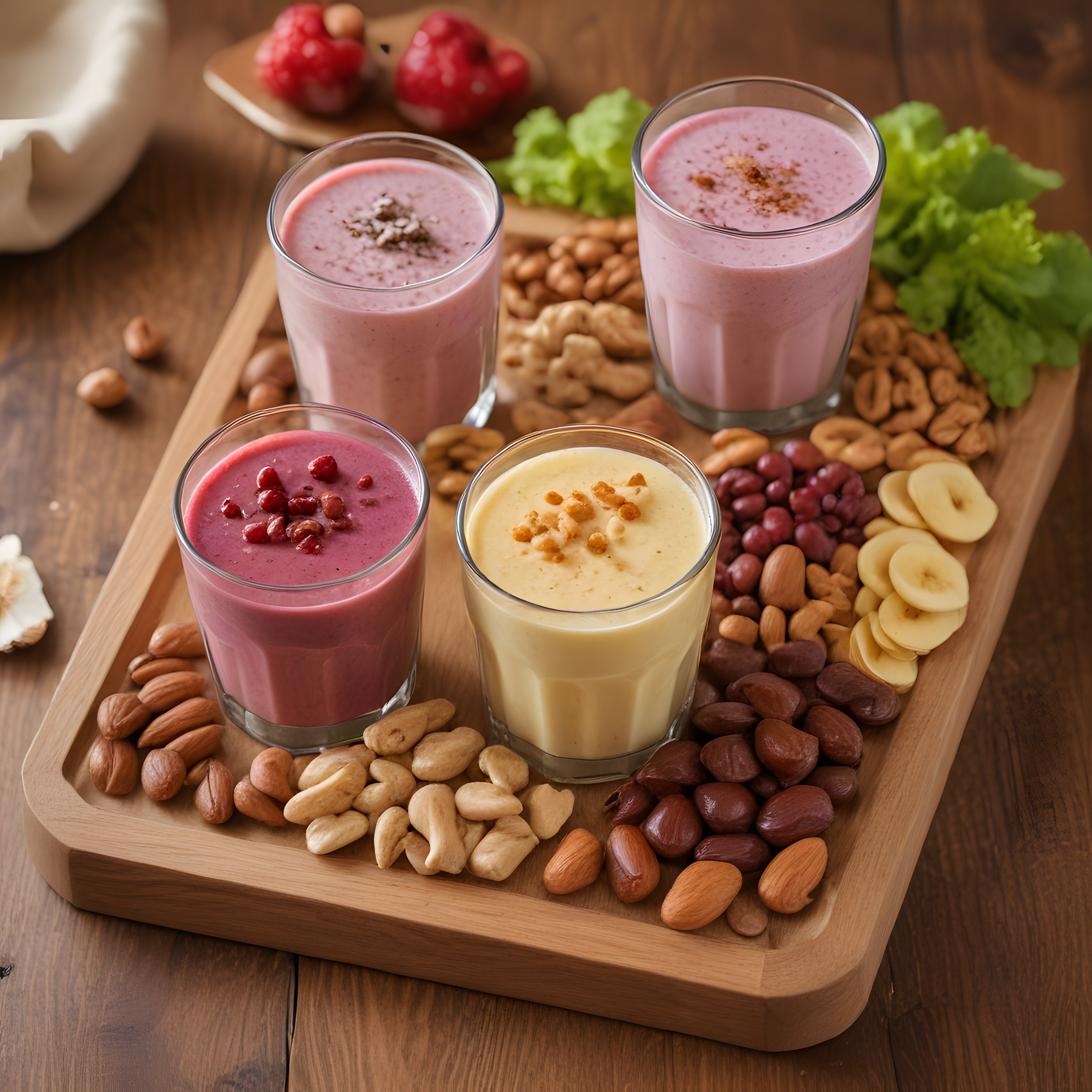 Renkli Meyveli Smoothie ve Kuruyemişlerle Hazırlanan Kahvaltı Tepsisi