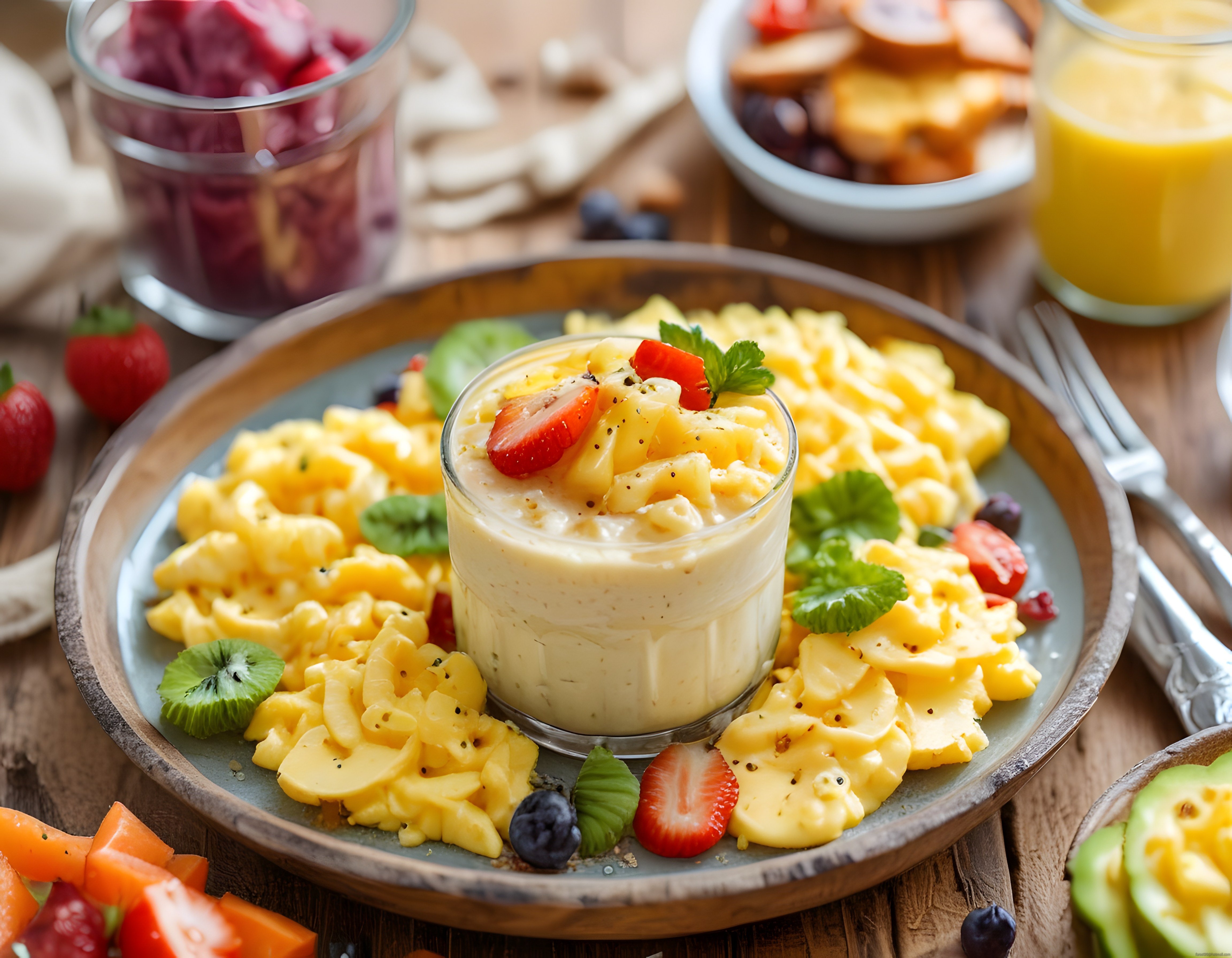 Renkli Meyveli ve Çırpılmış Yumurtalı Sağlıklı Kahvaltı Tabağı