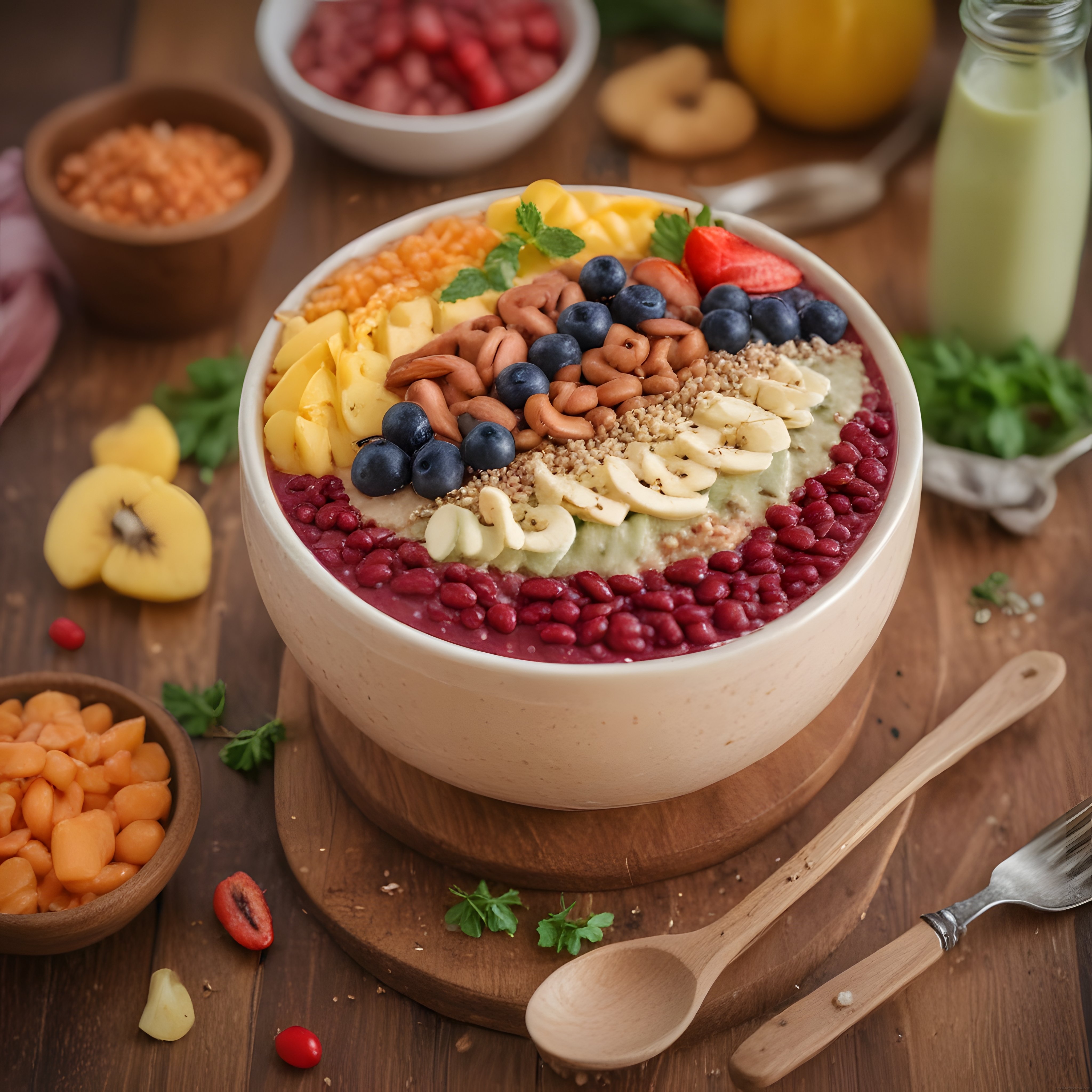 Renkli Meyveli ve Kuruyemişli Ev Yapımı Sağlıklı Smoothie Bowl Kahvaltısı