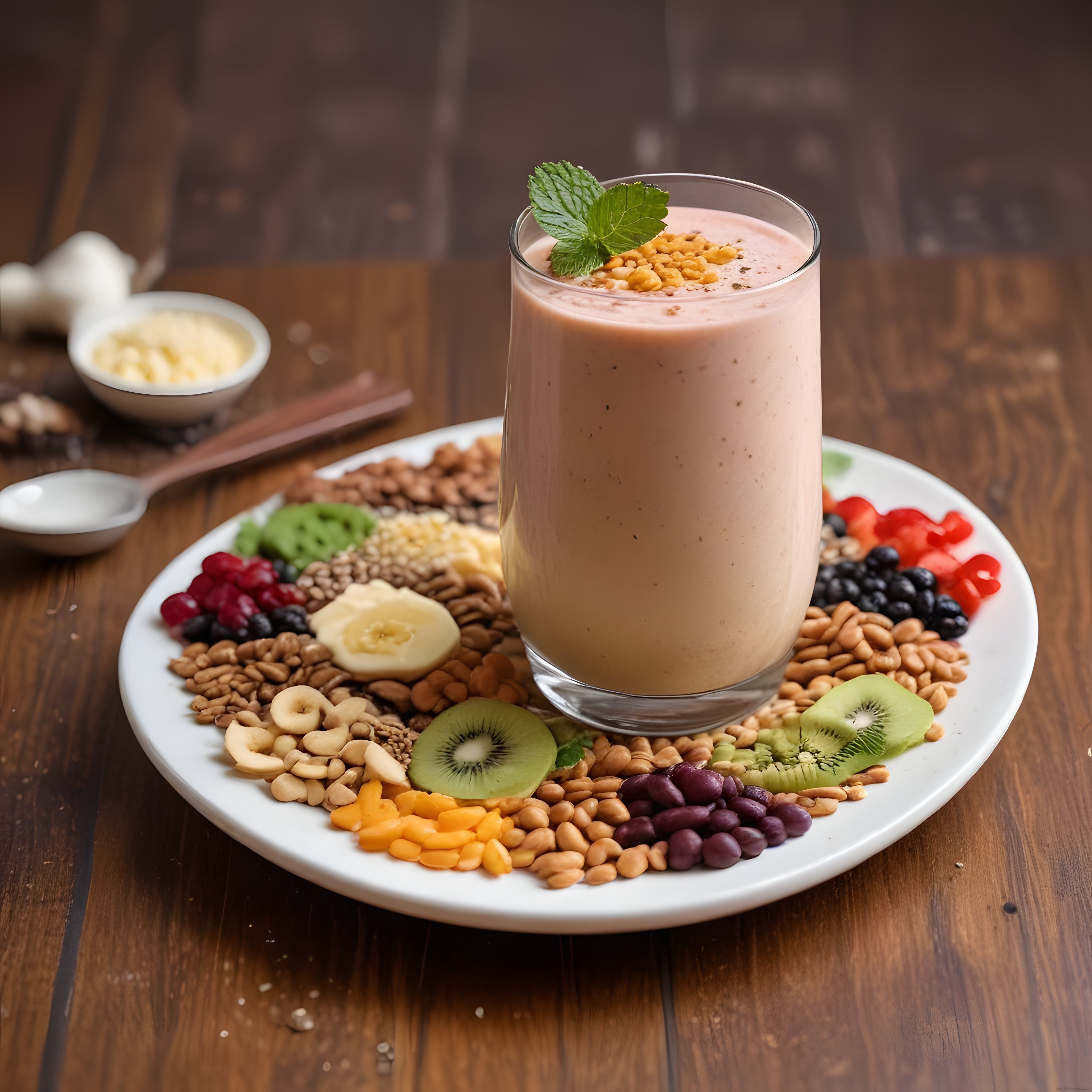 Renkli Meyveli ve Kuruyemişli Kahvaltı Tabağında Naneli Smoothie Sunumu