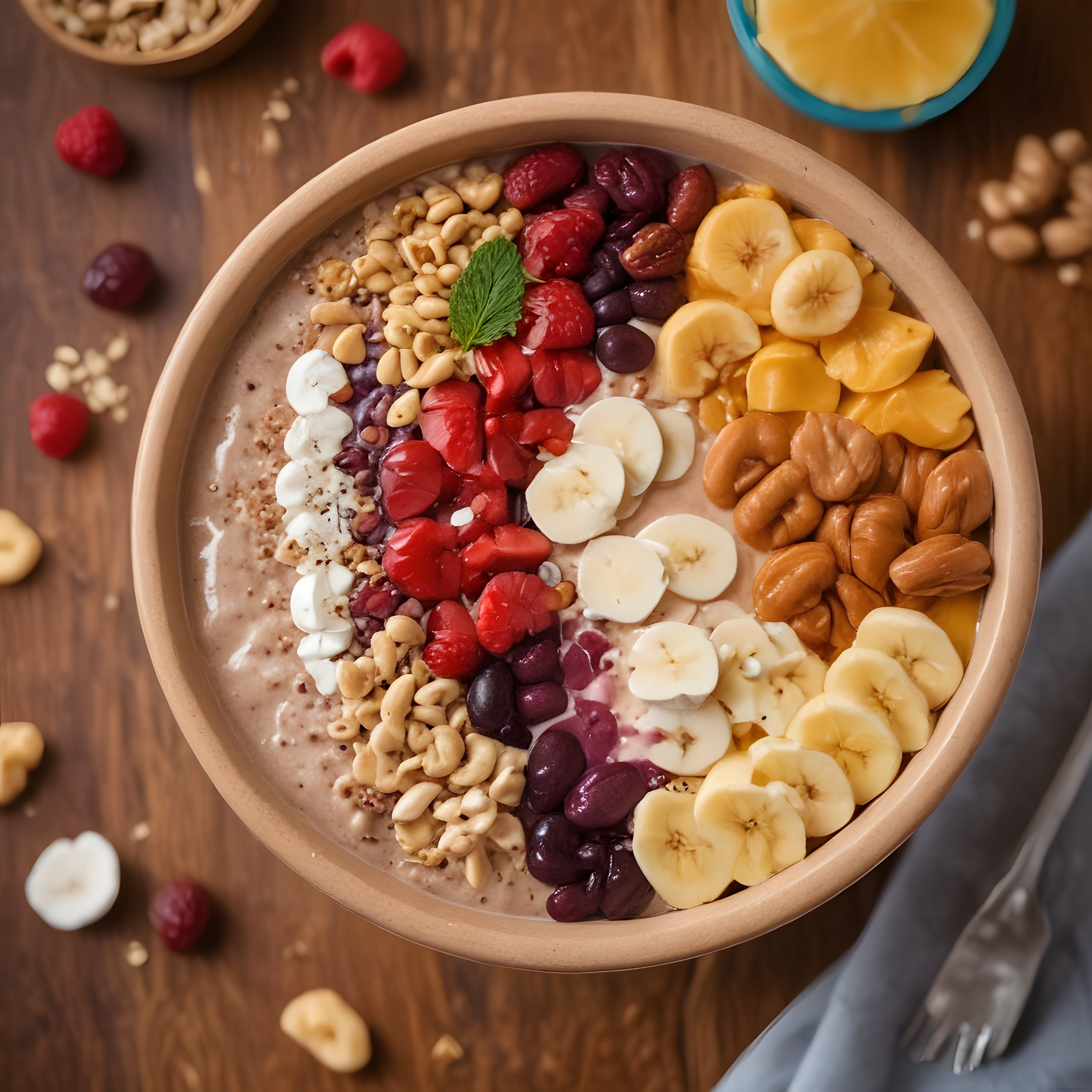 Renkli Meyveli ve Kuruyemişli Sağlıklı Smoothie Bowl Kahvaltı Kasesi