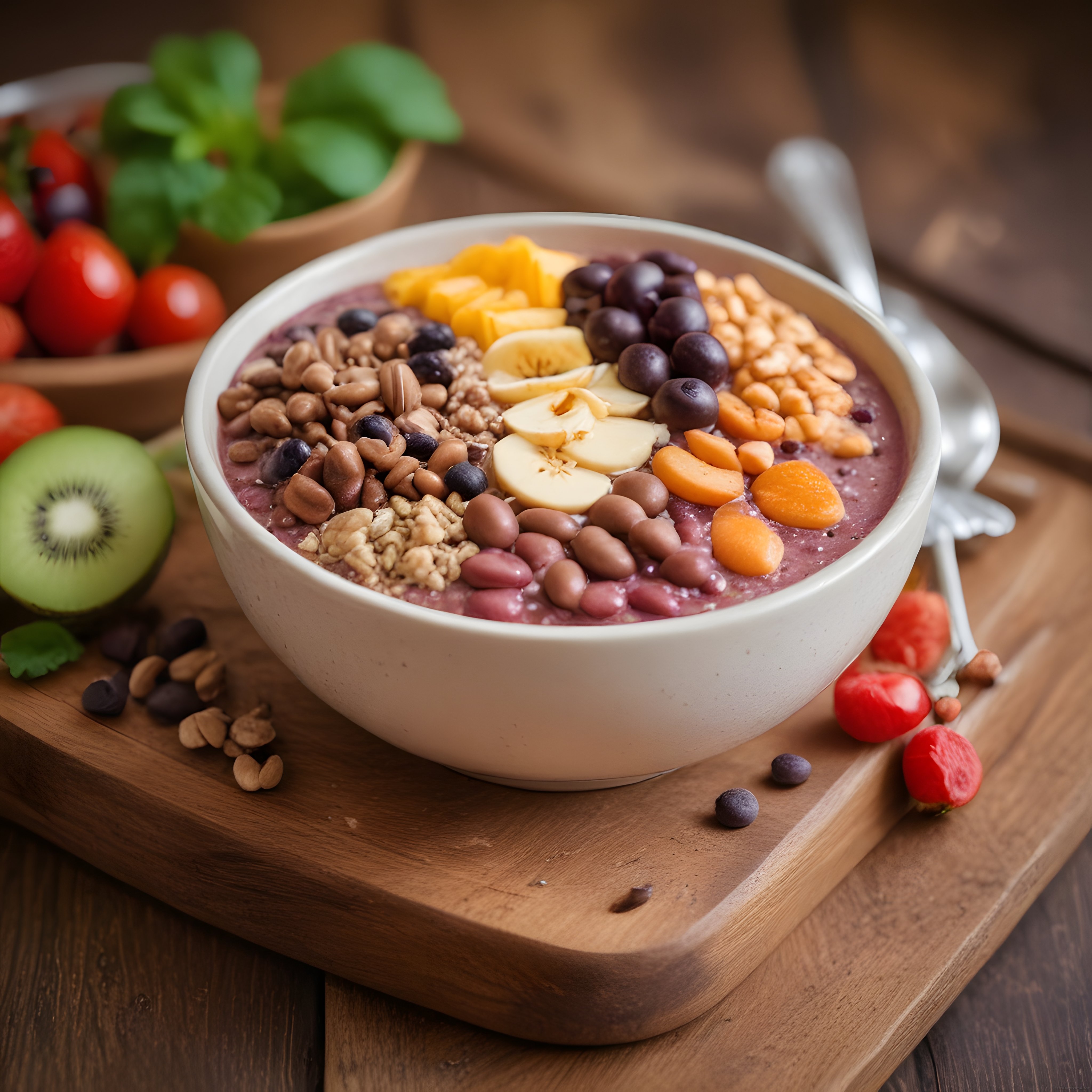 Renkli Meyveli ve Kuruyemişli Sağlıklı Smoothie Bowl Kahvaltı Sunumu