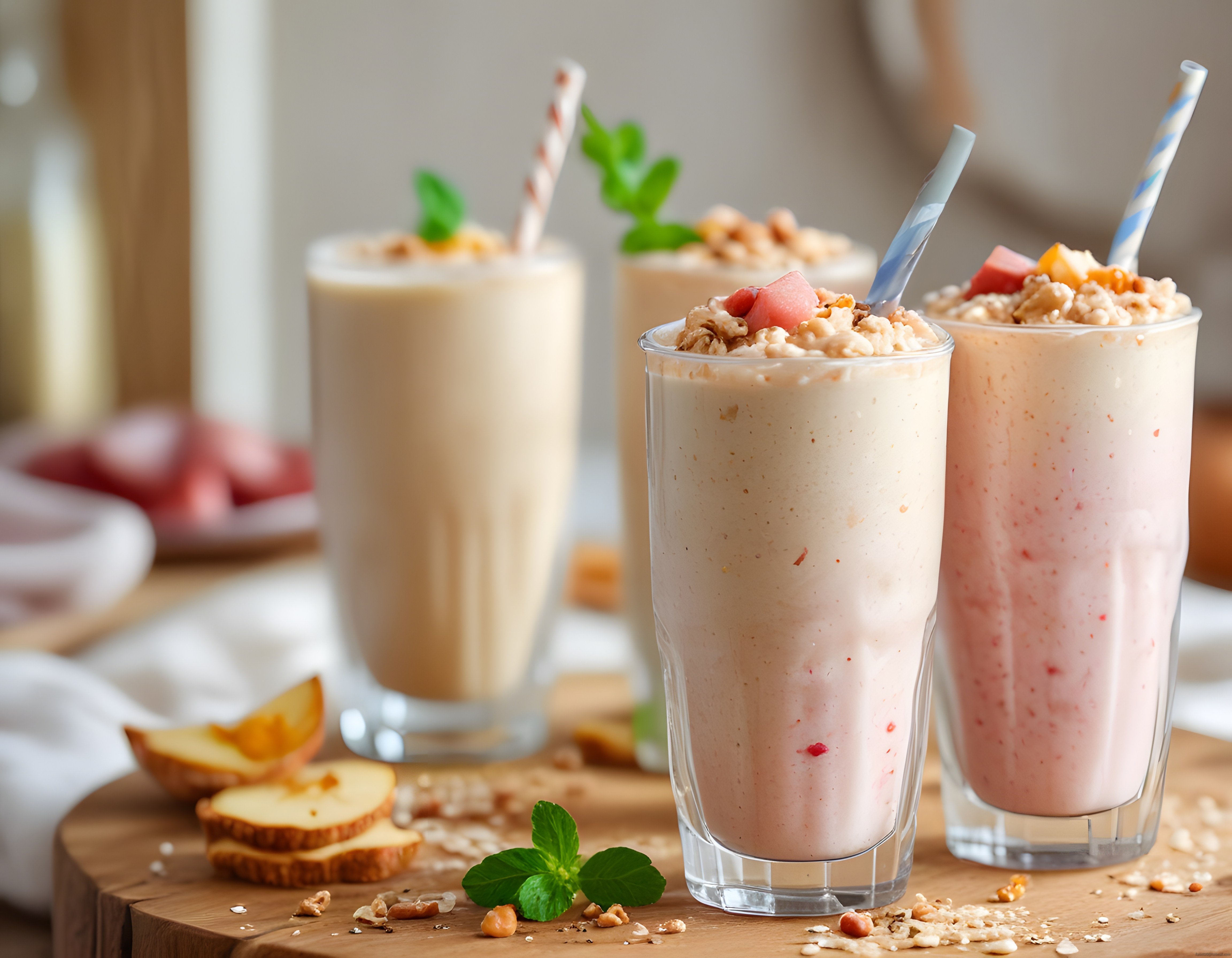 Renkli Meyveli ve Yulaflı Smoothie Bardakları: Sağlıklı Kahvaltı İçecekleri