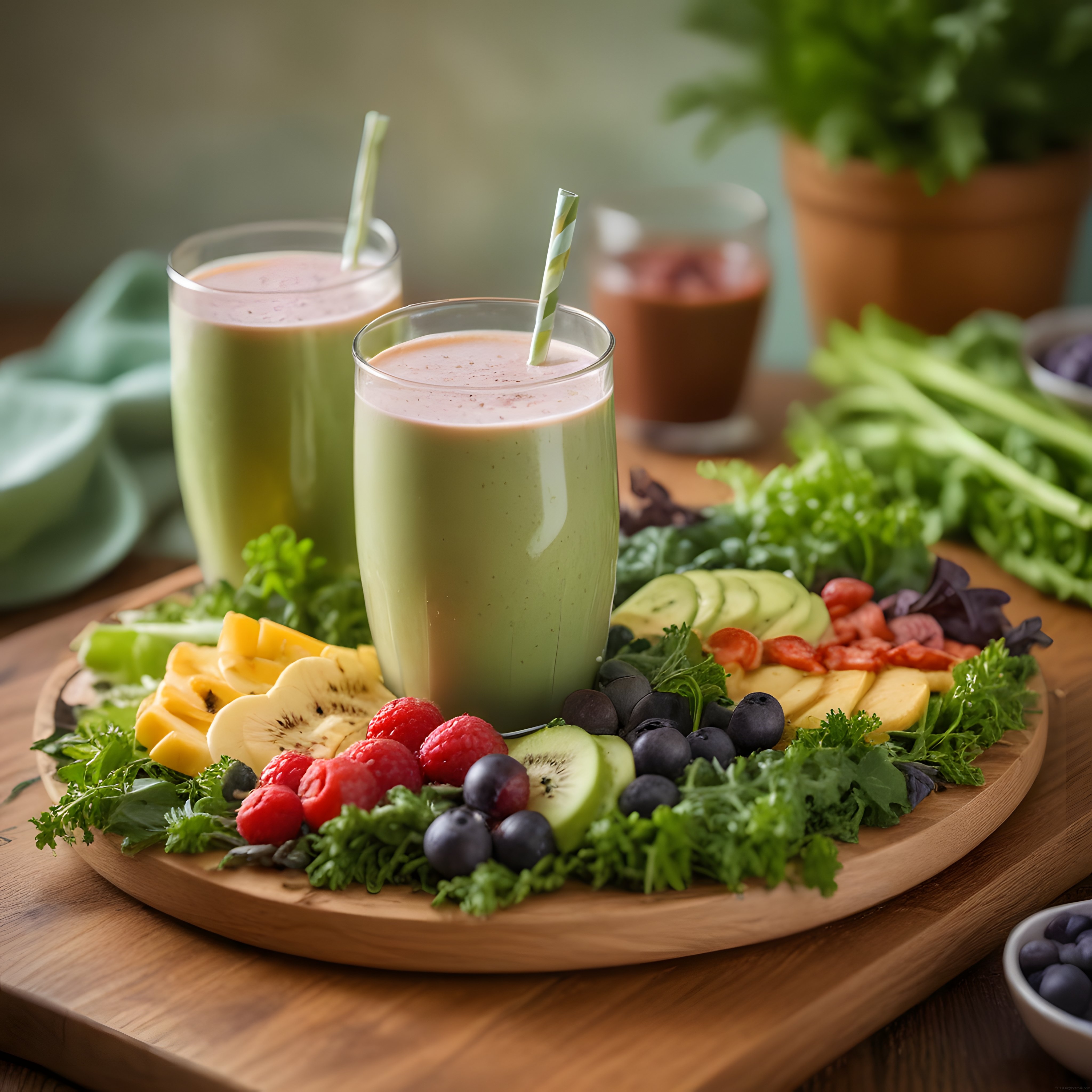 Renkli Meyveli Yeşil Smoothie Sunumu ve Sağlıklı Beslenme Konsepti