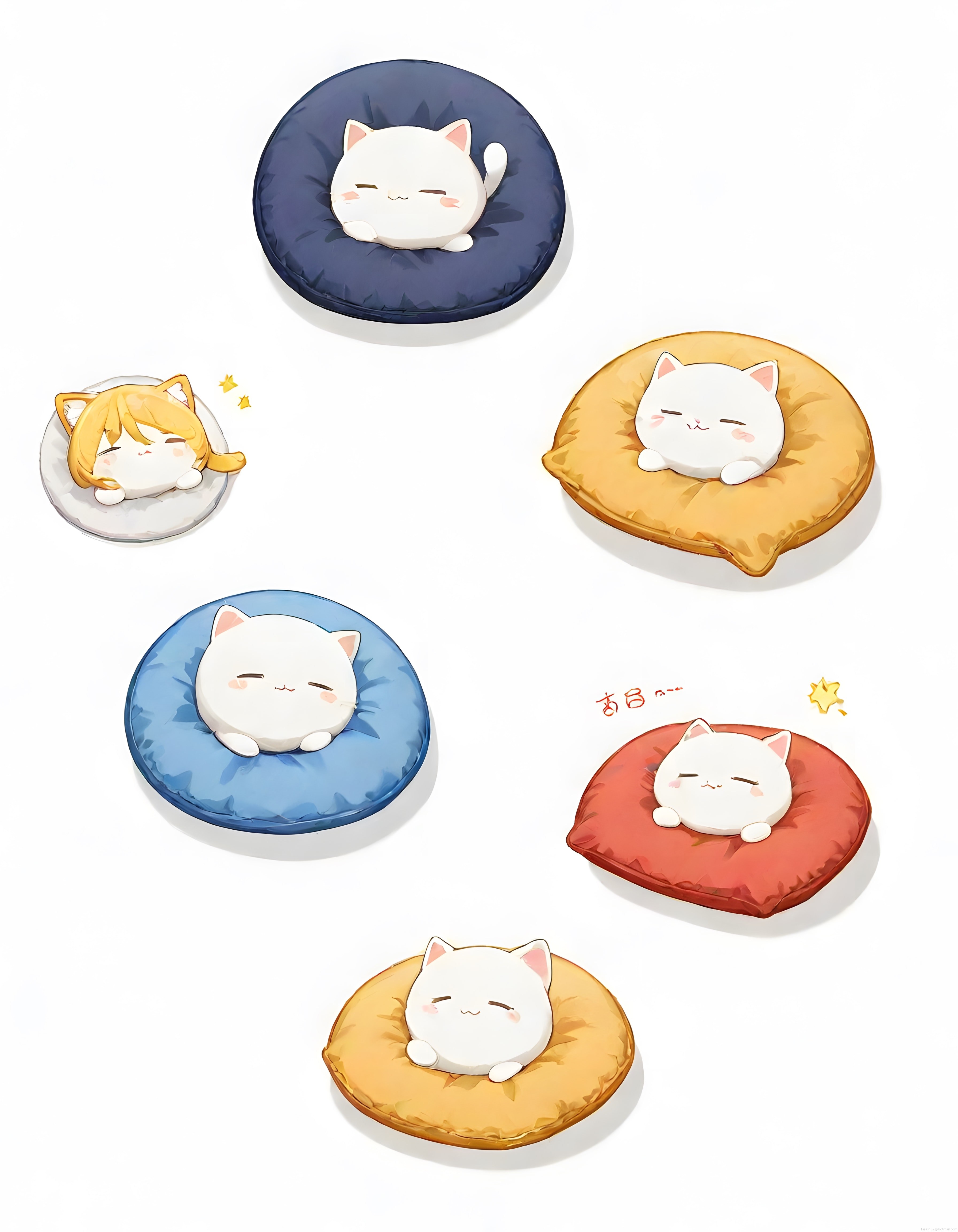 Renkli Minderlerde Uyuyan Sevimli Chibi Kediler ve Anime Kedi Kız İllüstrasyonu