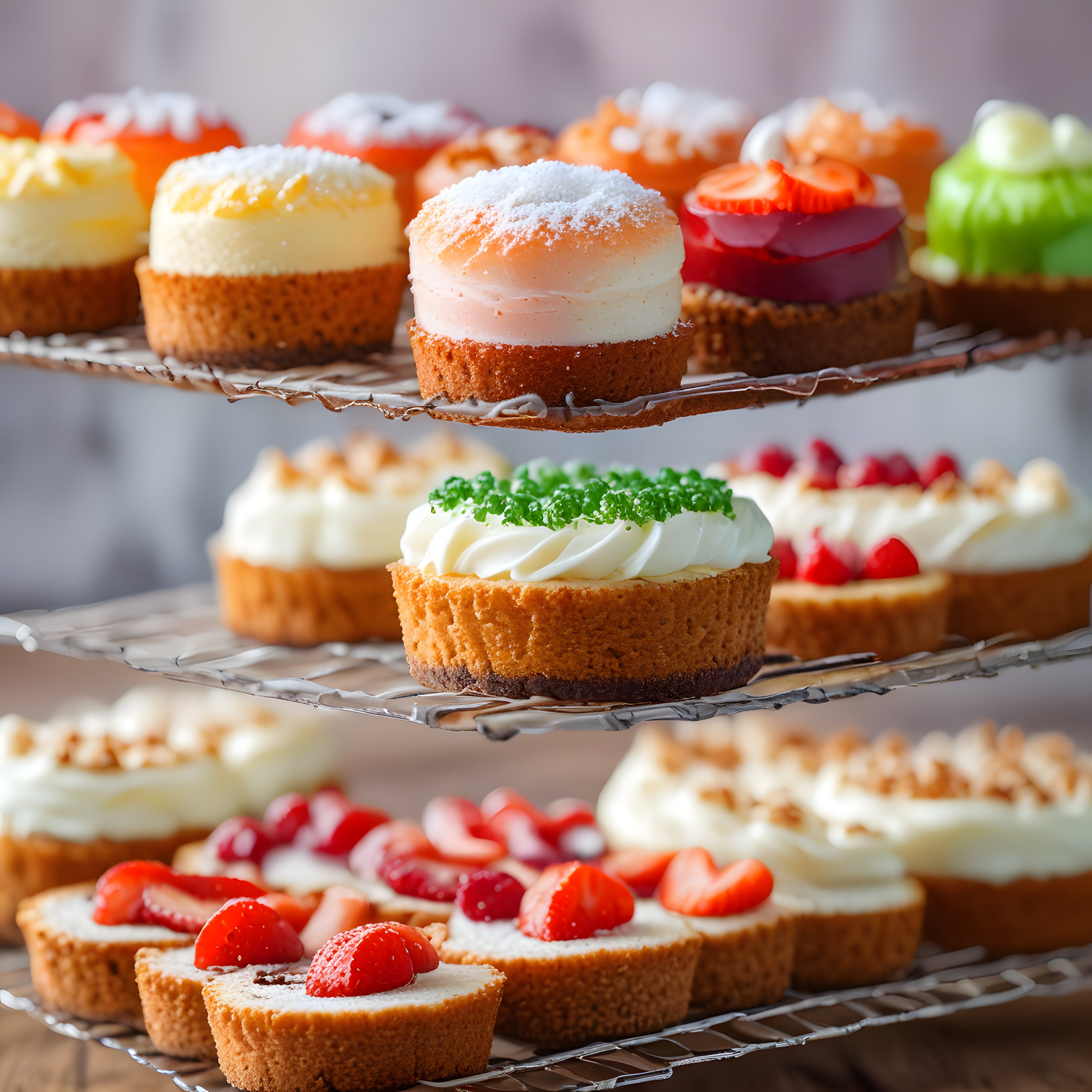 renkli mini tatlılar ve cupcake'lerle dolu elegan bir tatlı standı