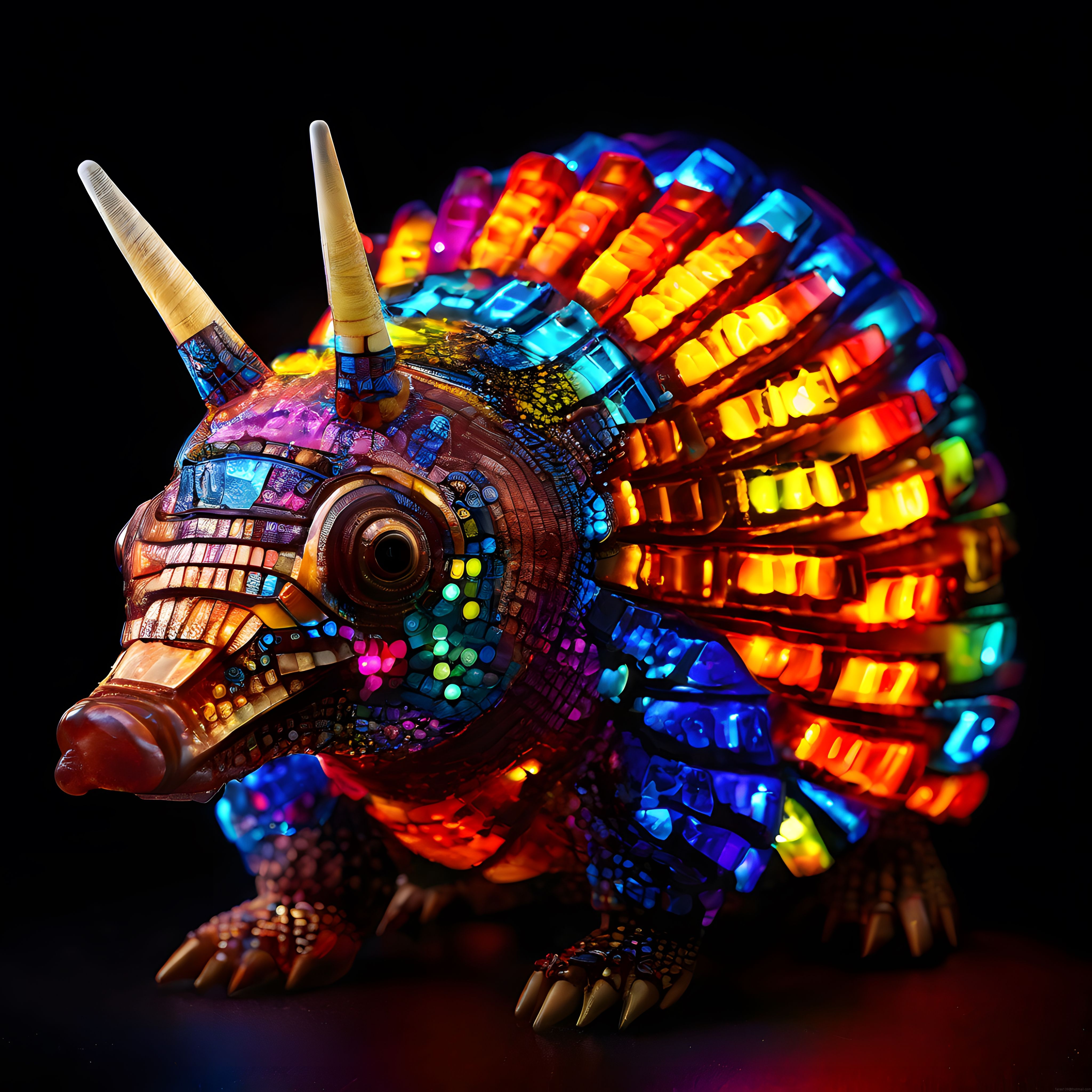 Renkli Mozaik Işıklarla Süslü Triceratops Heykeli ve Göz Alıcı Sanatsal Detaylar
