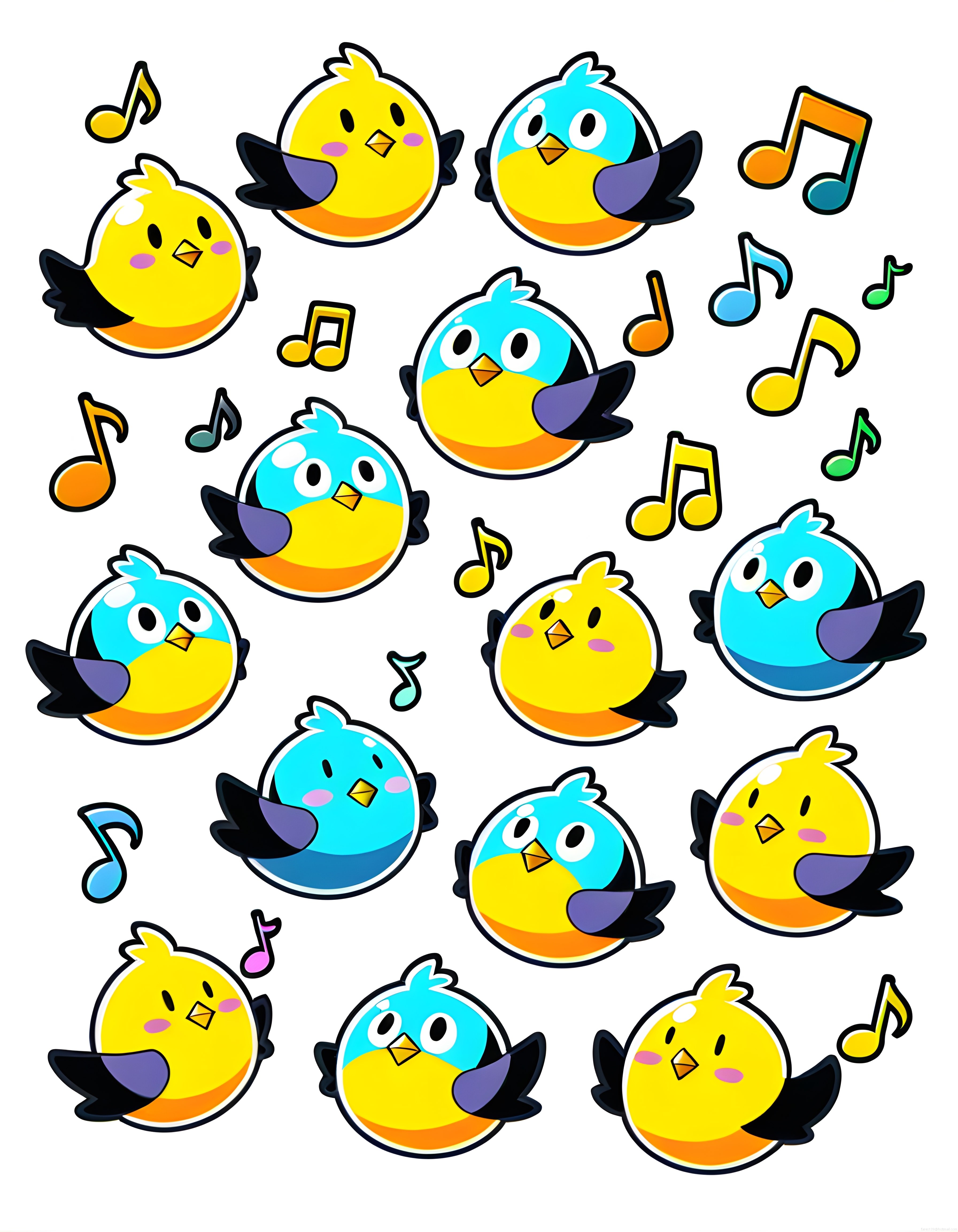 Renkli Müzik Notları Arasında Uçan Sevimli Karikatür Kuş Deseni