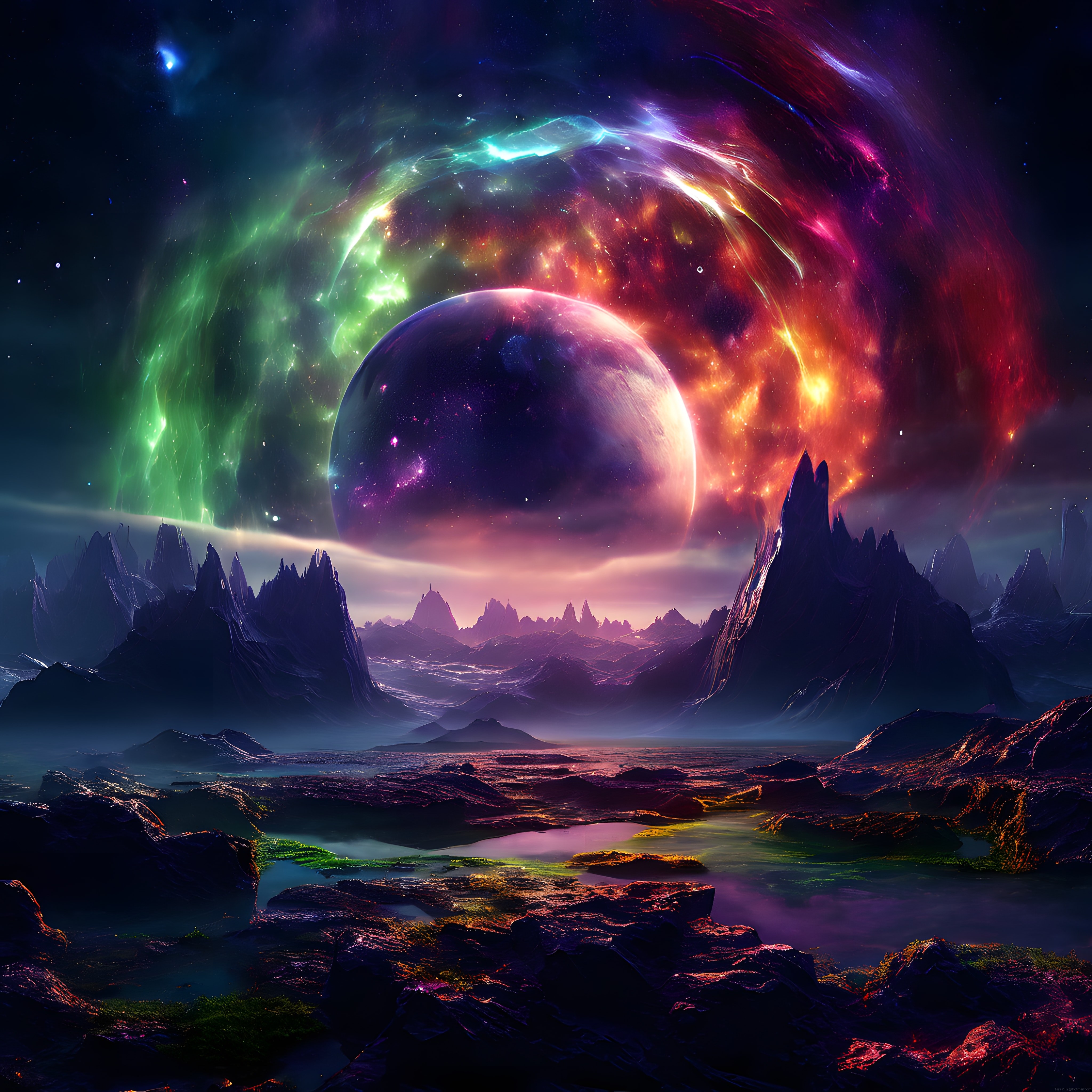 Renkli nebula ve dev gezegenin baktığı gizemli bir uzay manzarası