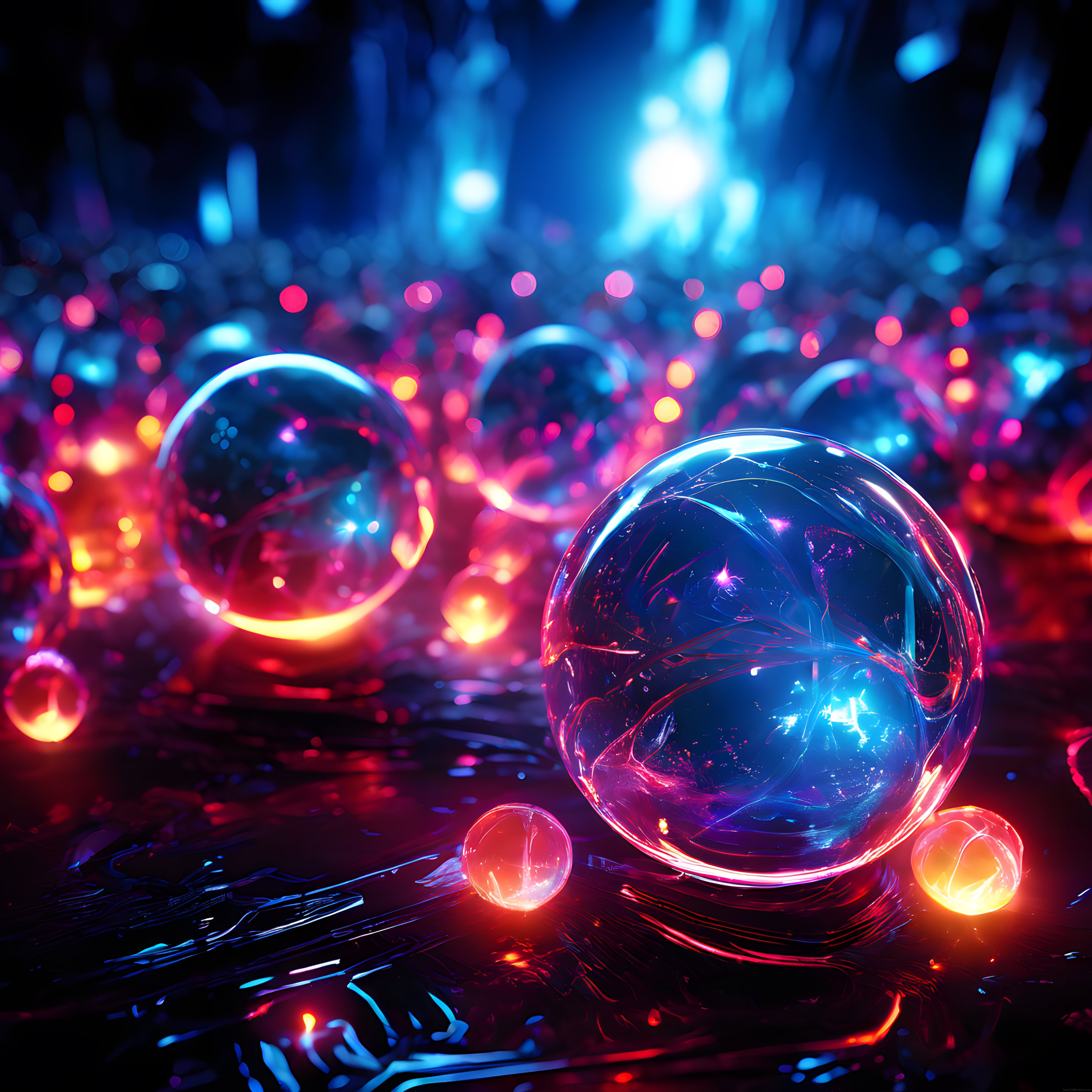 Renkli Neon Aydınlatmalı Soyut Kristal Küreler ve Bokeh Efektli Arka Plan