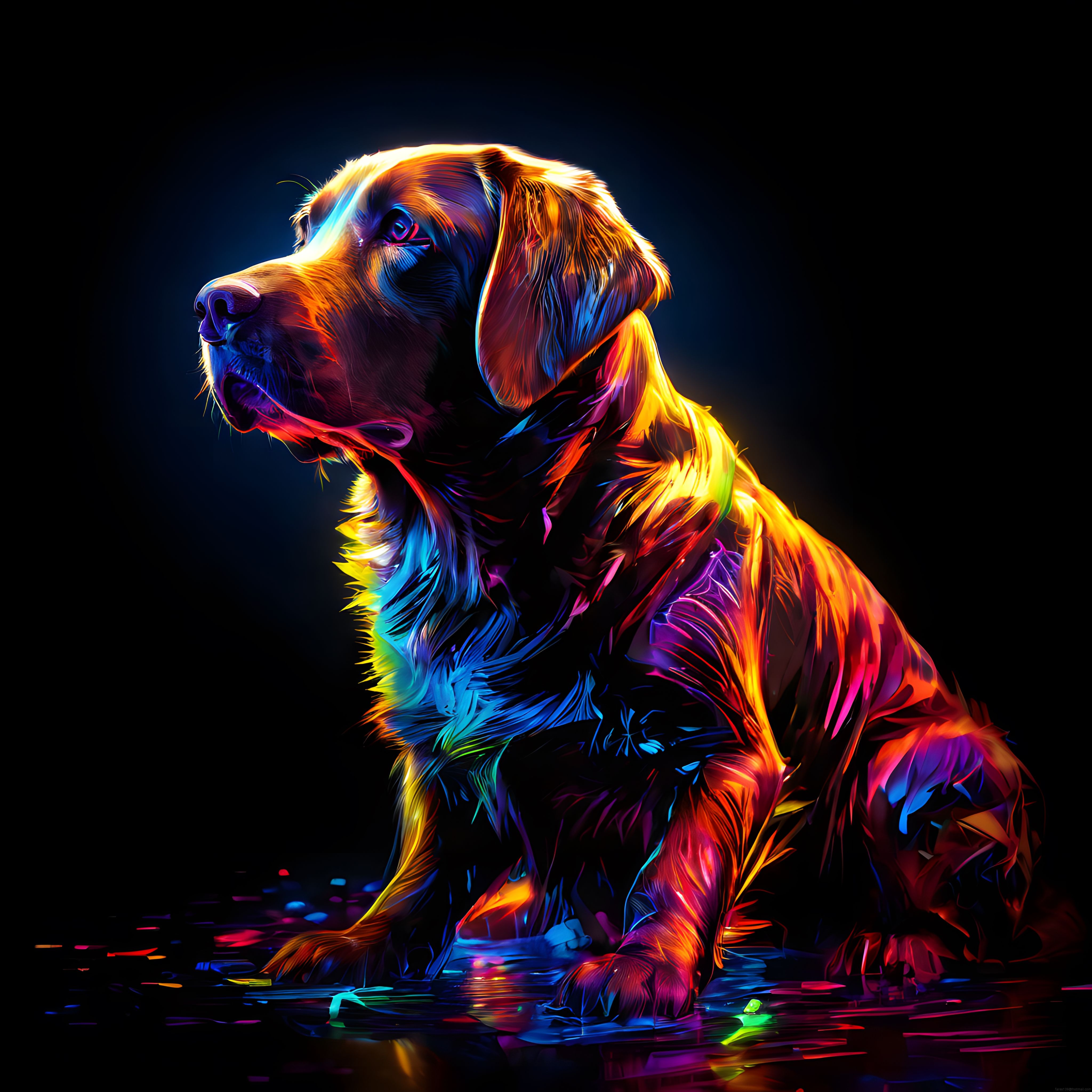 Renkli Neon Efektlerle Hazırlanmış Dijital Köpek Çizimi ve Su Yansıması