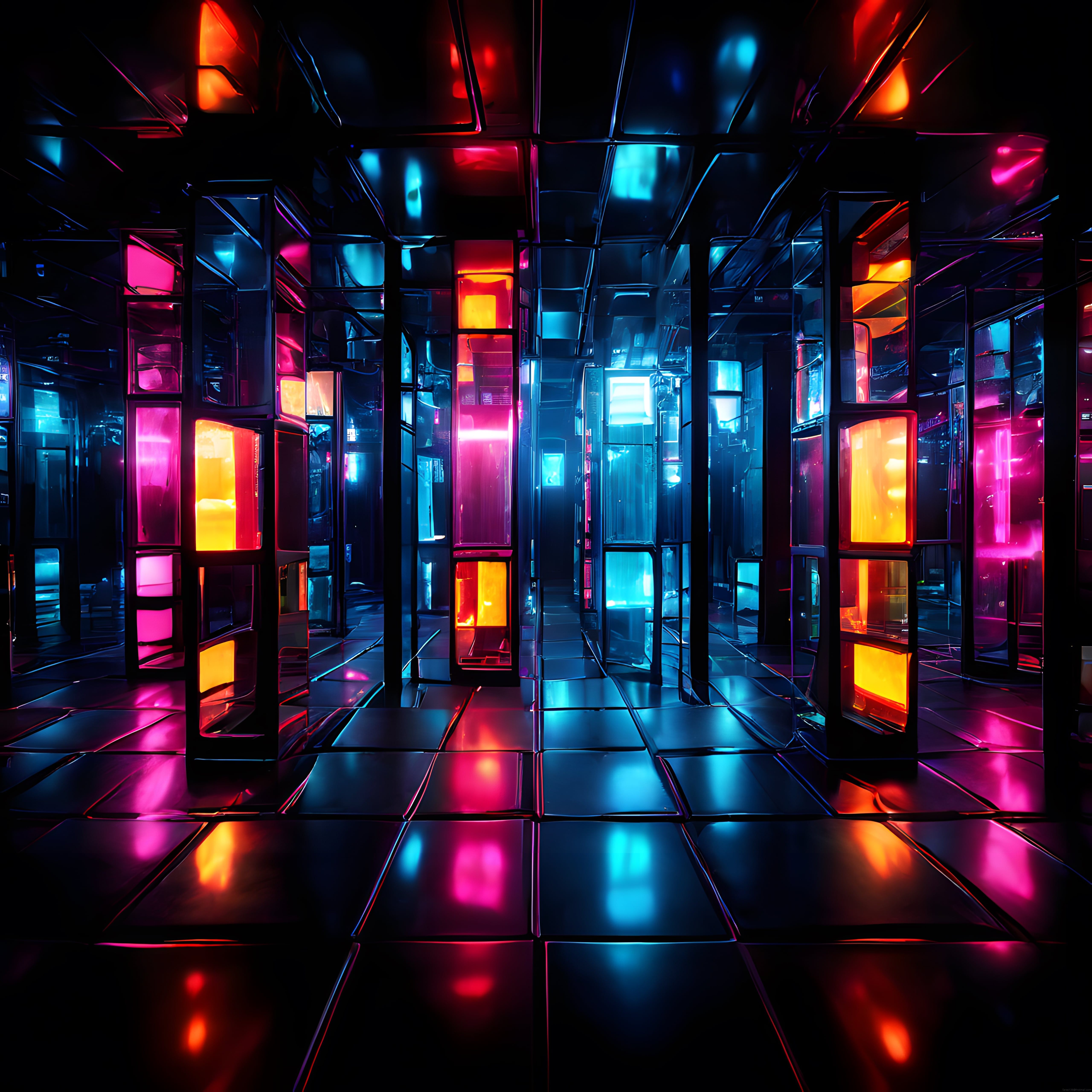 Renkli Neon Işıklarla Aydınlanan Soyut Ayna Koridoru ve Yansımalar