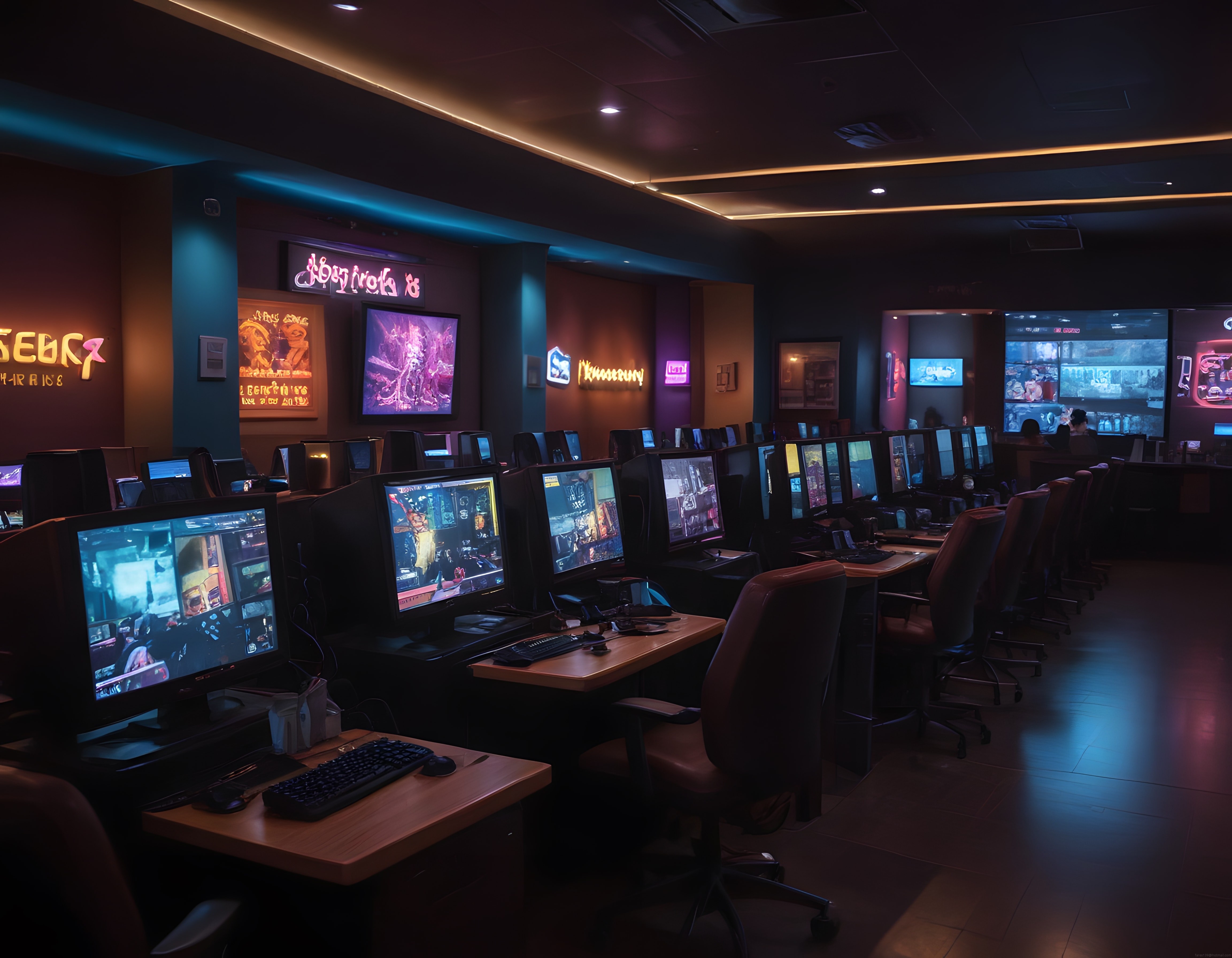 Renkli Neon Işıklarla Aydınlatılmış Profesyonel Oyun Salonu İç Mekanı