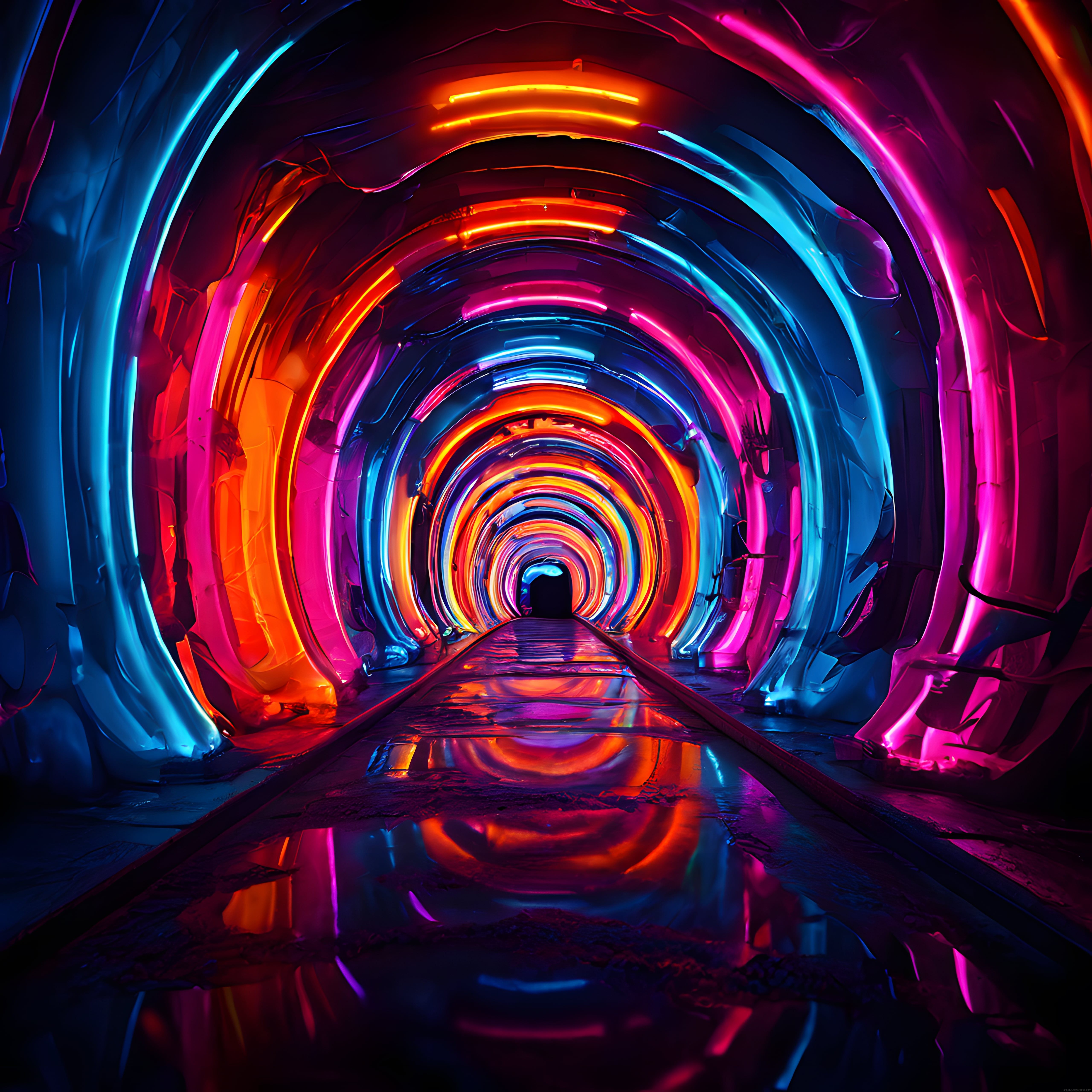 Renkli Neon Işıklarla Kaplı Gelecekçi Tünelde Büyüleyici Yolculuk