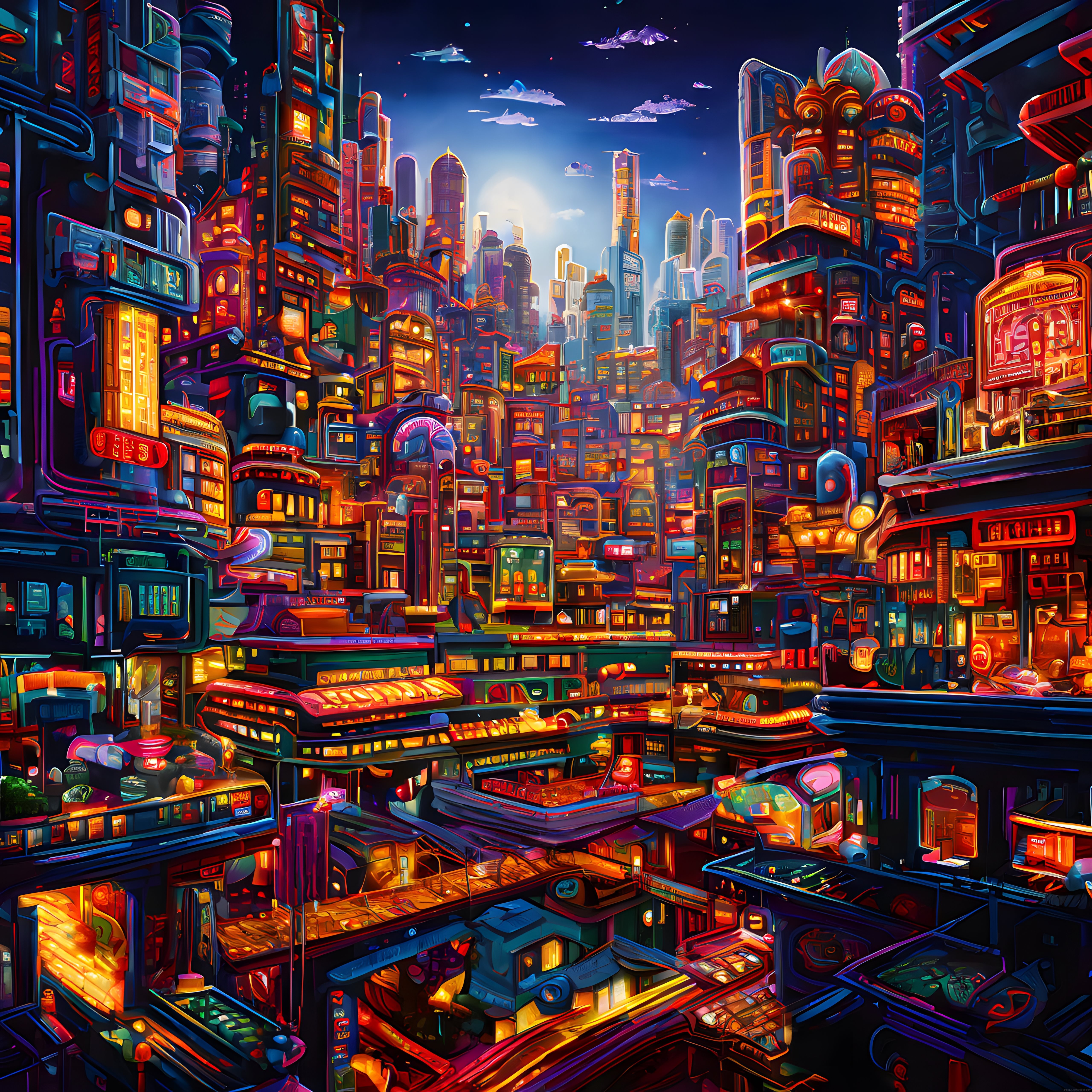 Renkli Neonlarla Kaplanmış Cyberpunk Gelecek Şehri Dijital Tablo