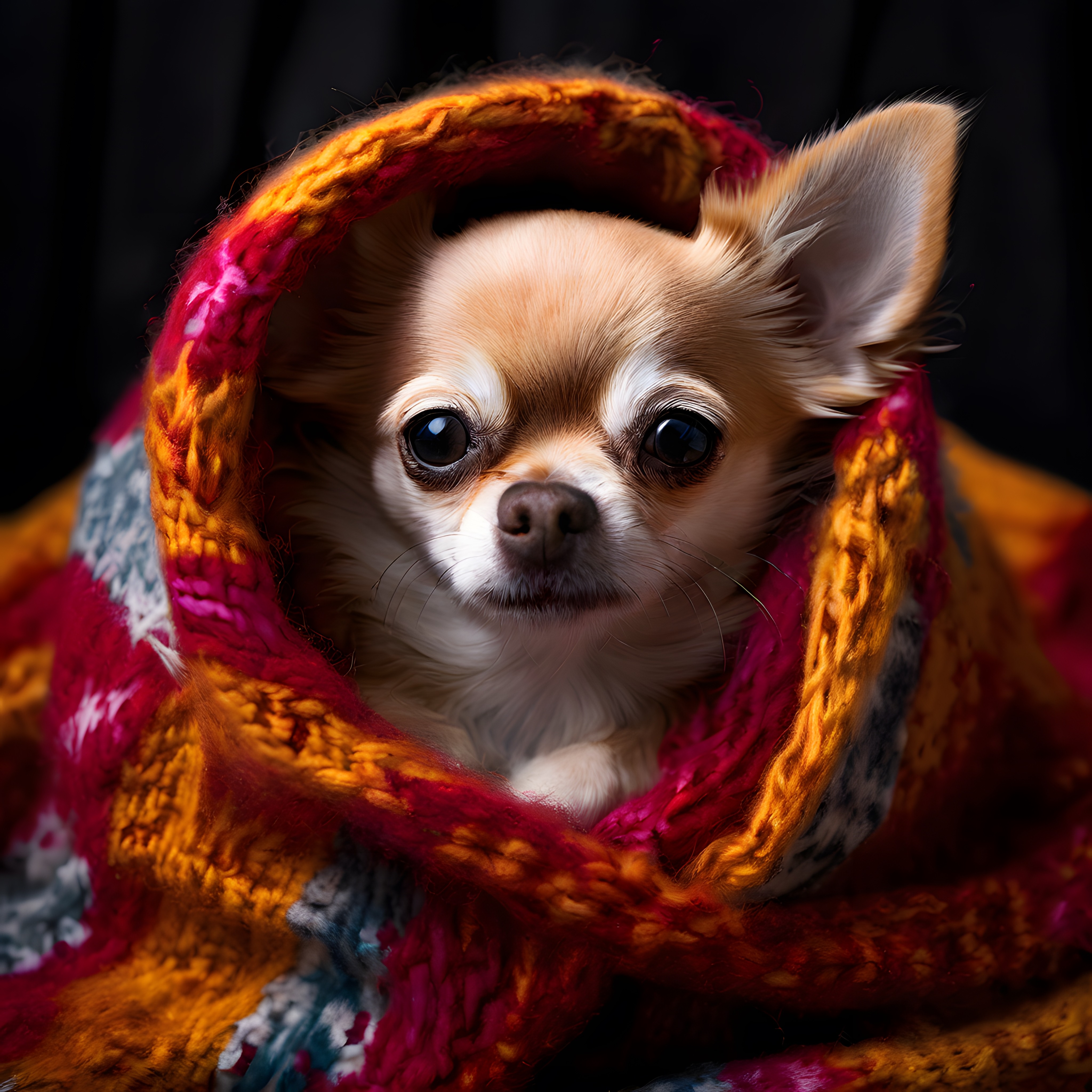 Renkli Örgü Battaniyeye Sarılı Chihuahua'nın Sıcak ve Duygusal Portresi