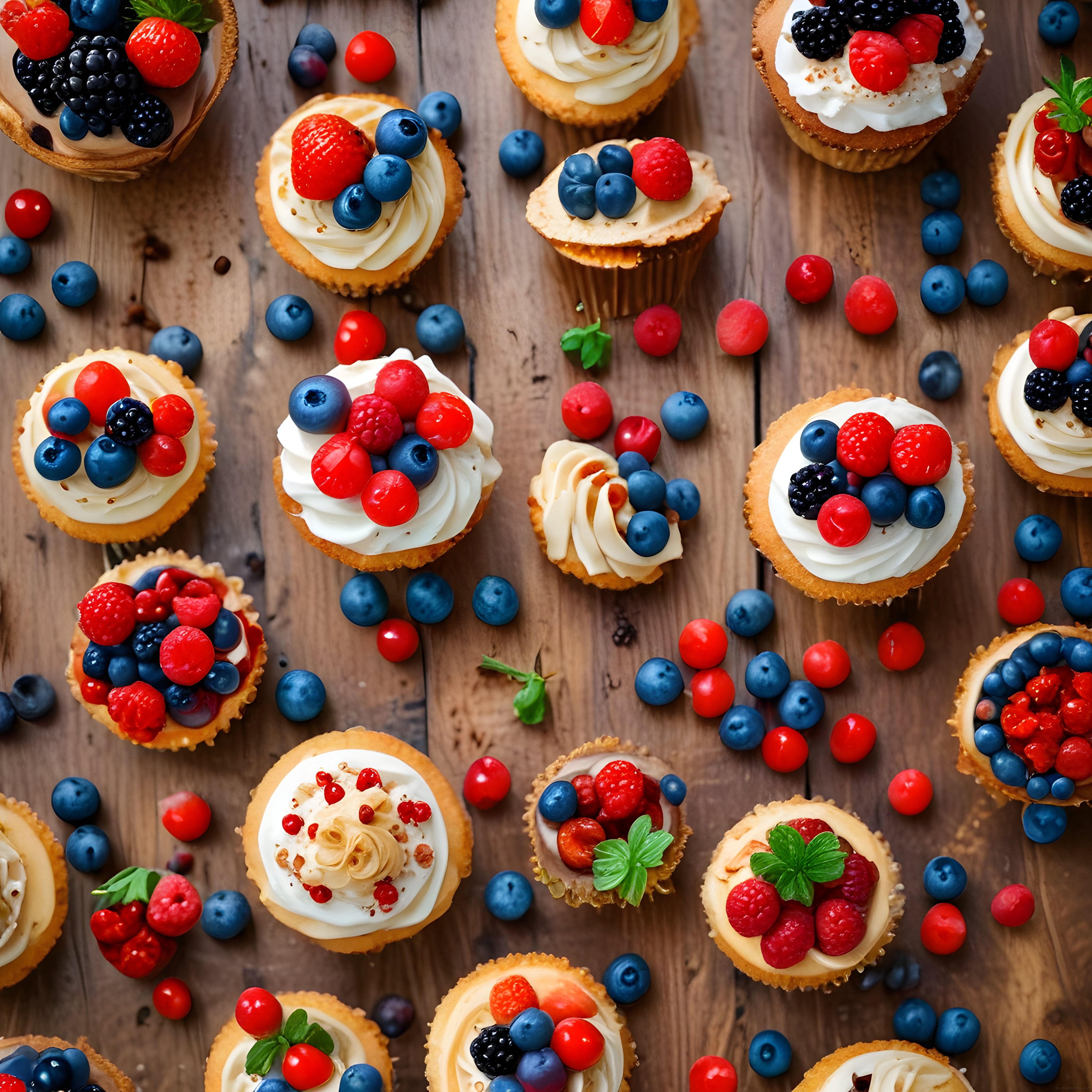 Renkli Orman Meyveleriyle Süslenmiş Lezzetli Cupcake ve Tartolet Tatlıları