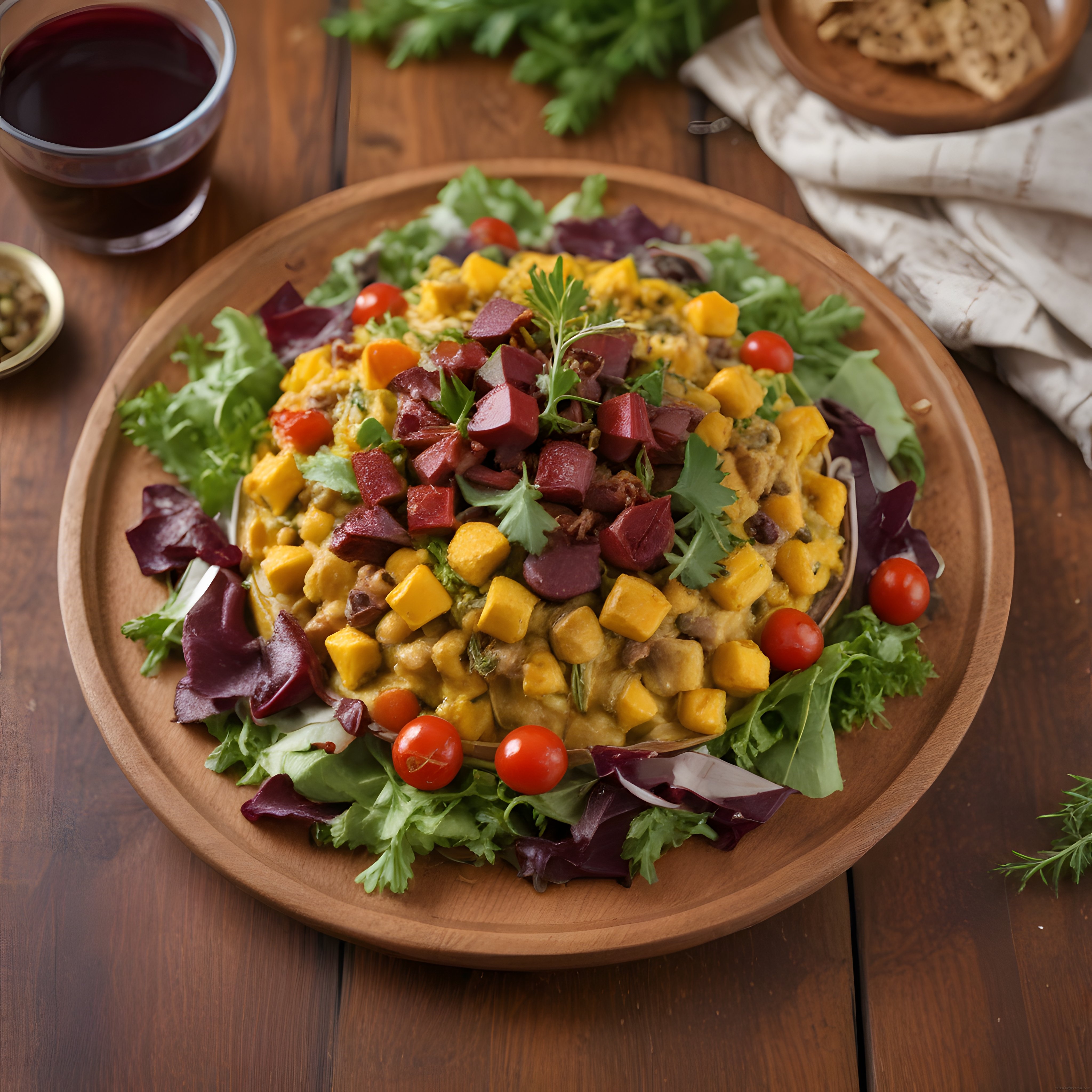 Renkli pancarlı mango salatası ahşap sunum ve kırmızı şarap eşliğinde